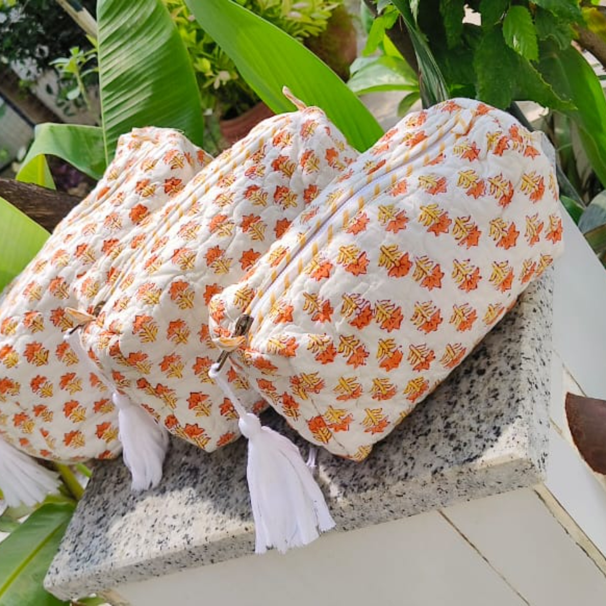 Yellow Tiny Floral Quilted Vanity Pouches-Set of 3 by Aenak Studios | Tooffi