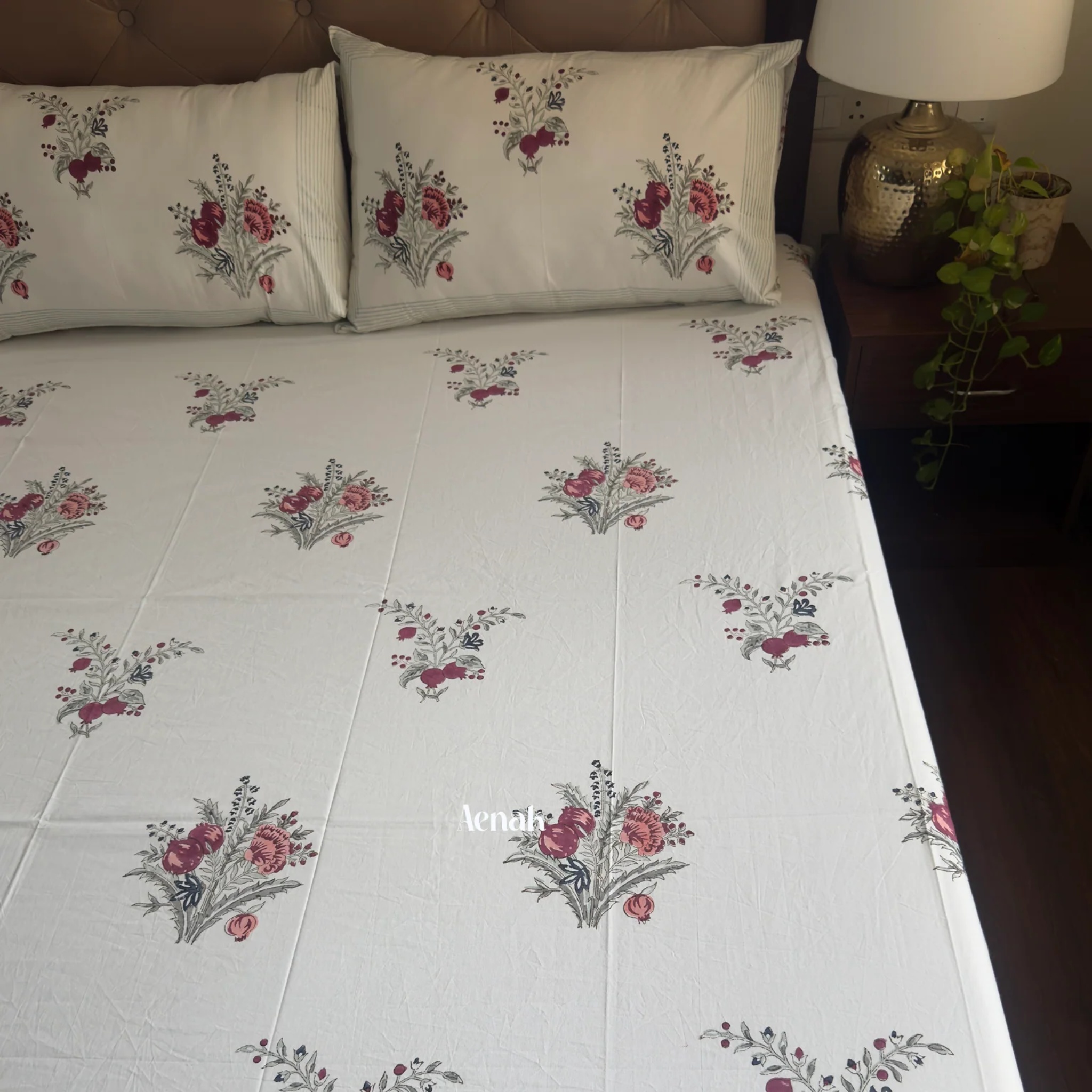 Burgundy Anaar Handblock Bedsheet + Straight Quilted Bedcover Combo Set by Aenak Studios | Tooffi