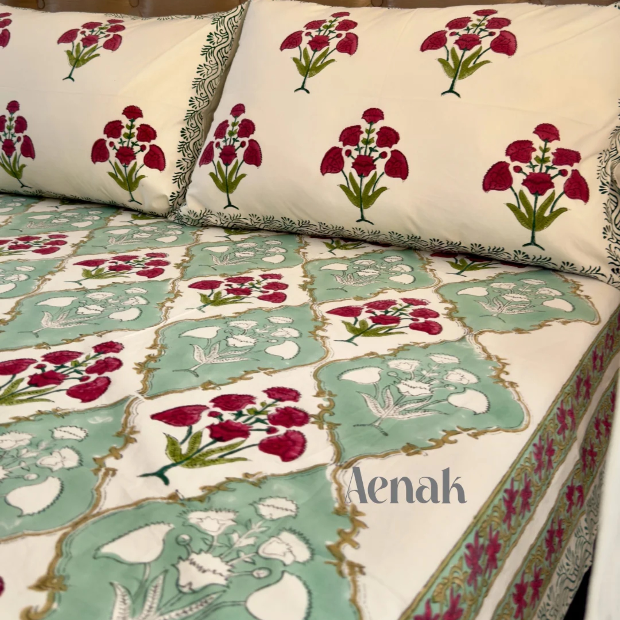 Green & Red Dahlia Handblock Premium Cotton Bedsheet Set by Aenak Studios | Tooffi