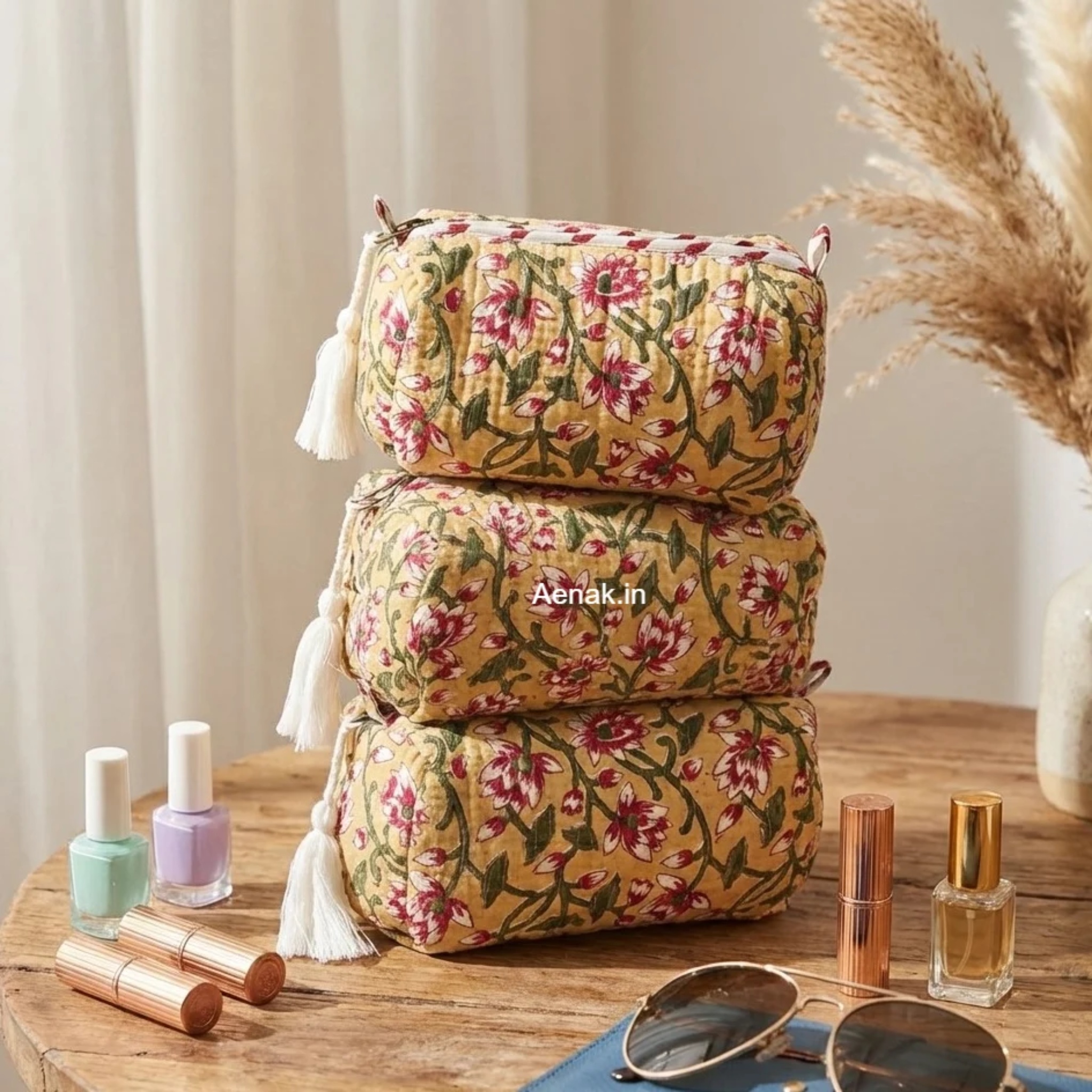 Beige Floral Jaal Quilted Vanity Pouches-Set of 3 by Aenak Studios | Tooffi