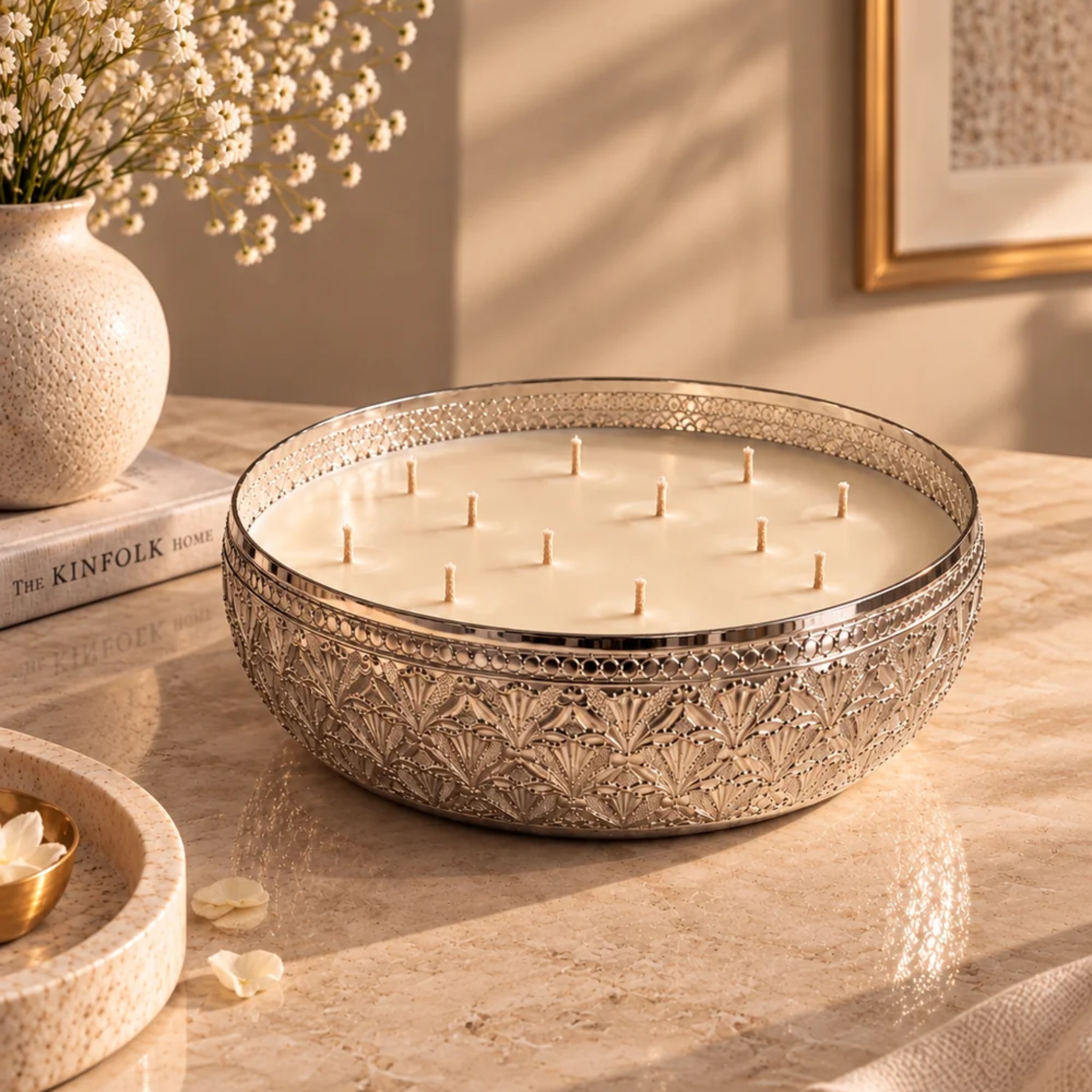 The Noor Collection- Hand Etched Silver Metal Luxury Candles Set of 4 by Endora Scented Candles | Tooffi