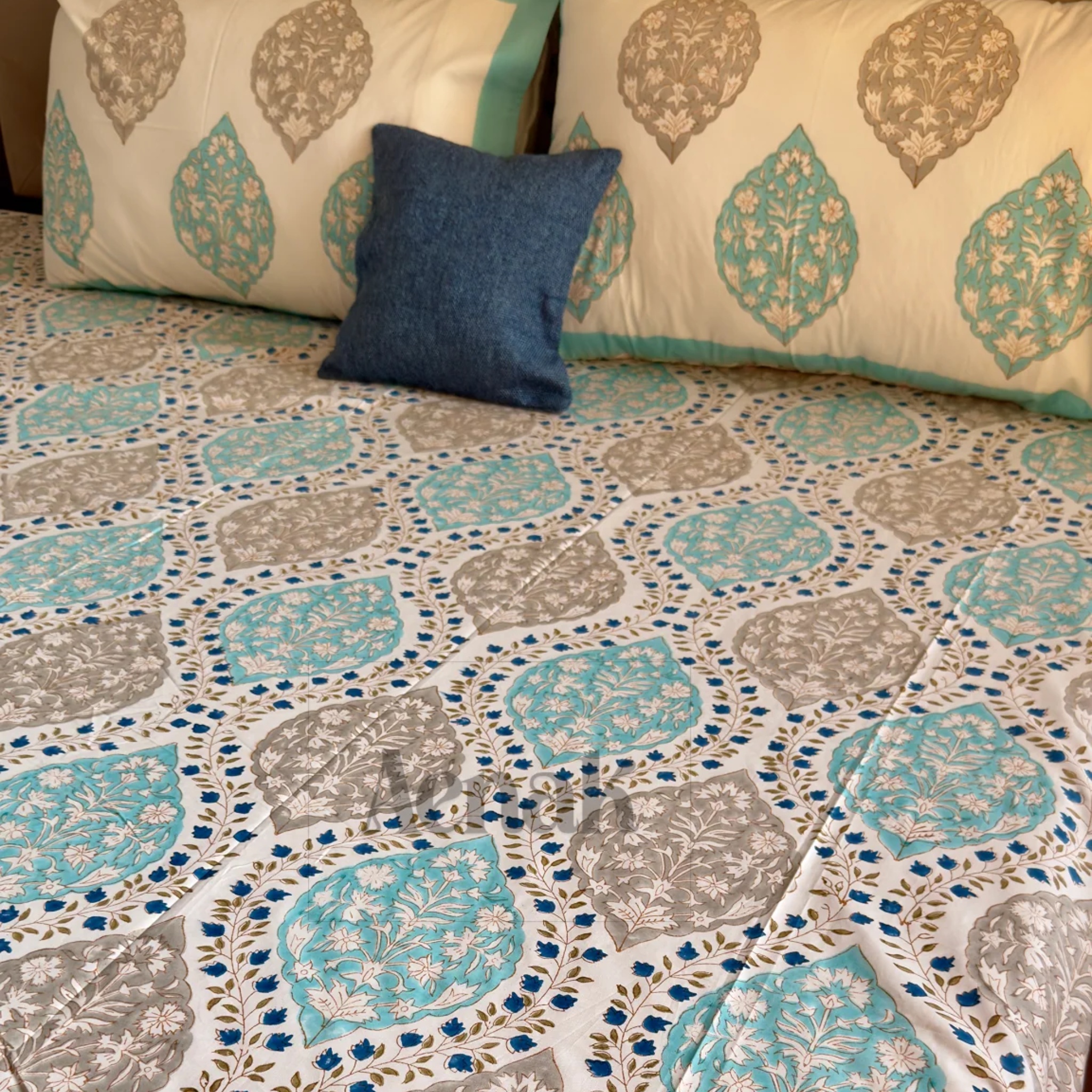 Blue Jaal Handblock Bedsheet and Quilted Bedcover Combo Set — Turquoise Blue and Grey by Aenak Studios | Tooffi