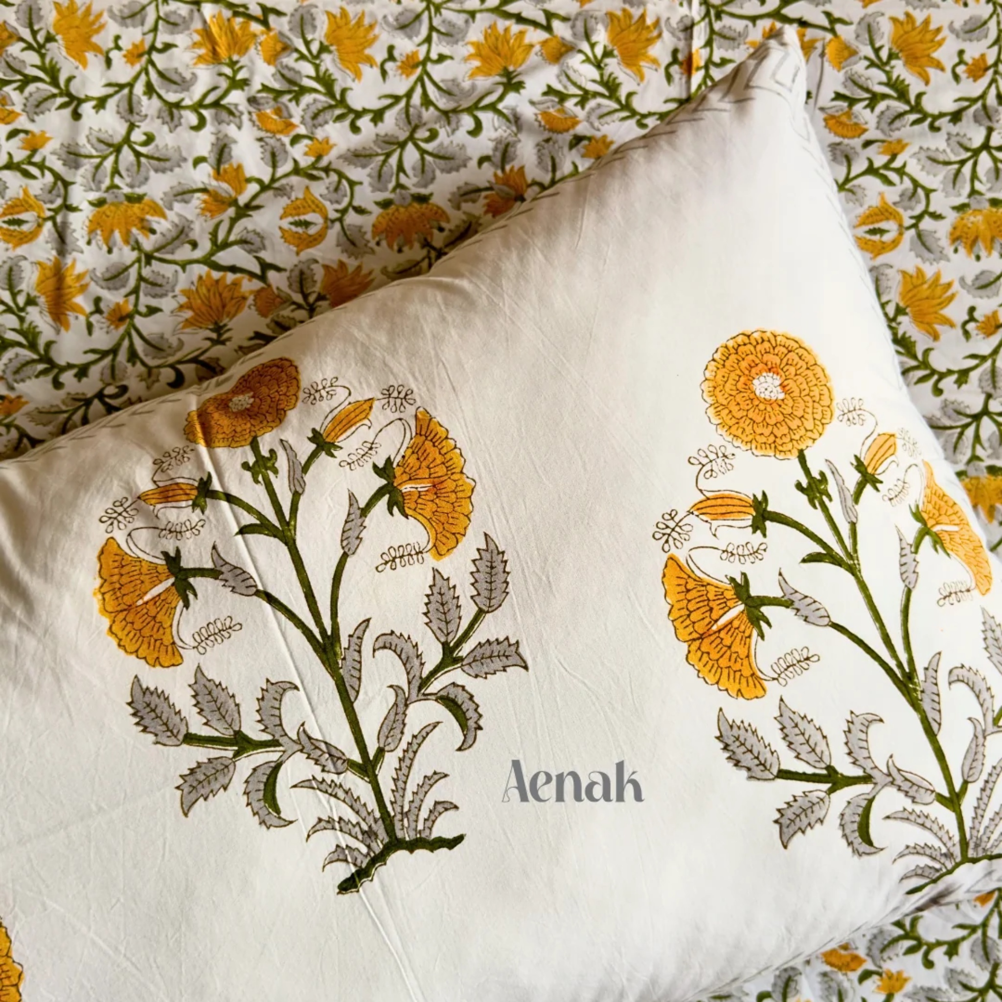 Yellow Marigold Handblock Printed Premium Cotton Bedsheet Set by Aenak Studios | Tooffi