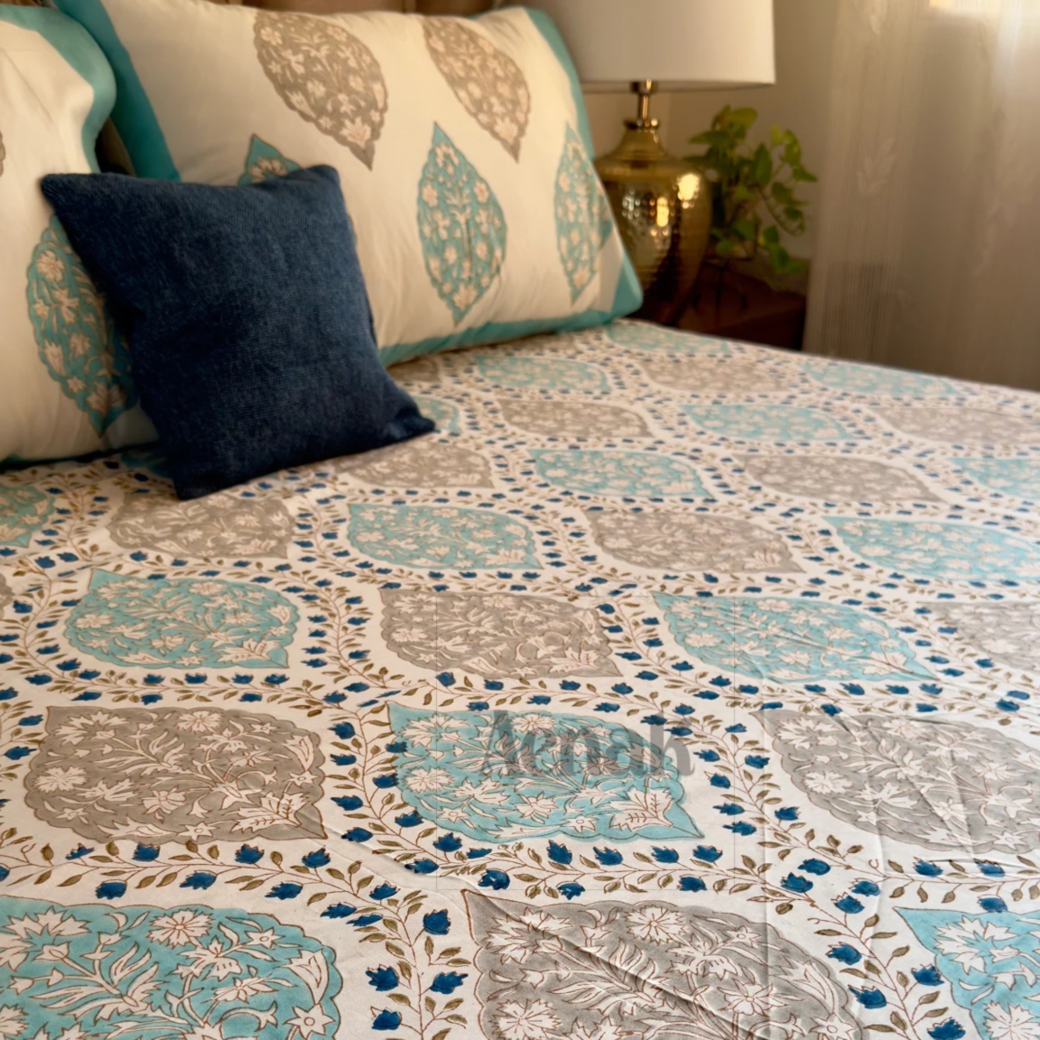 Blue Jaal Handblock Bedsheet and Quilted Bedcover Combo Set — Turquoise Blue and Grey by Aenak Studios | Tooffi