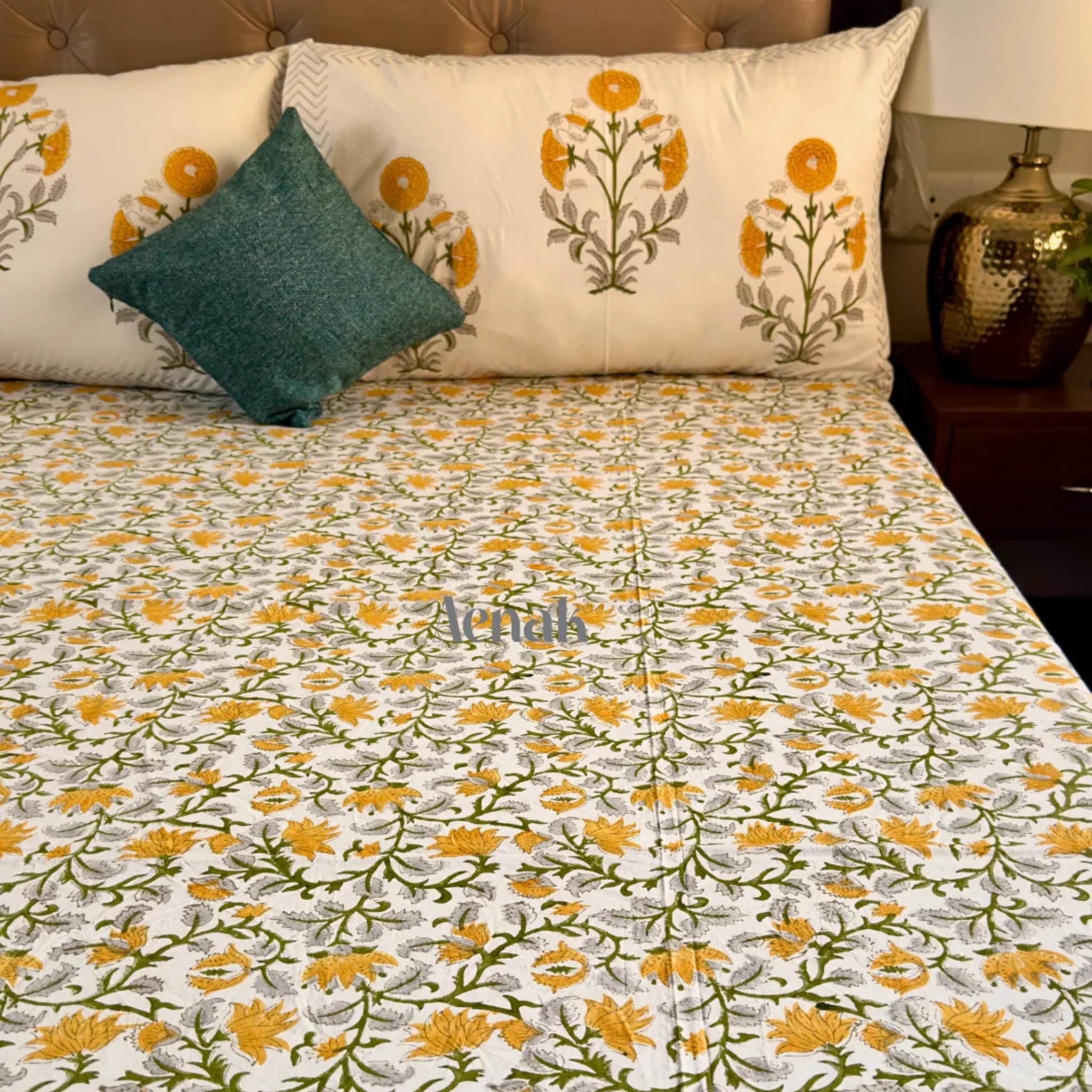 Yellow Marigold Handblock Printed Premium Cotton Bedsheet Set by Aenak Studios | Tooffi