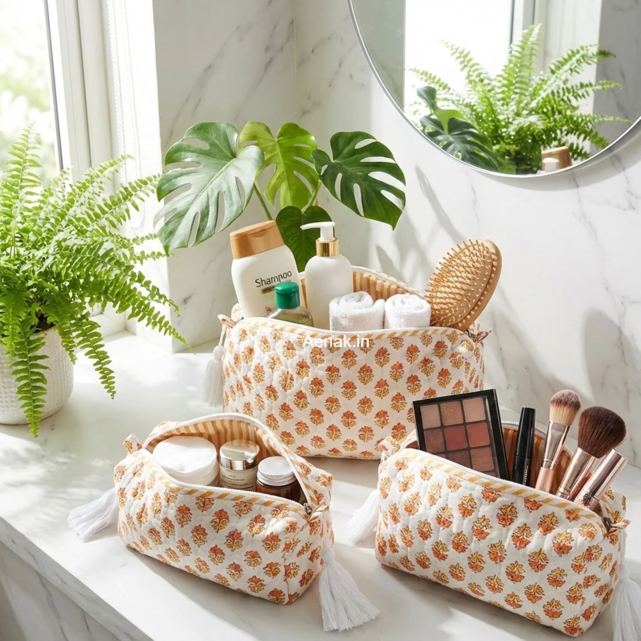 Yellow Tiny Floral Quilted Vanity Pouches-Set of 3 by Aenak Studios | Tooffi