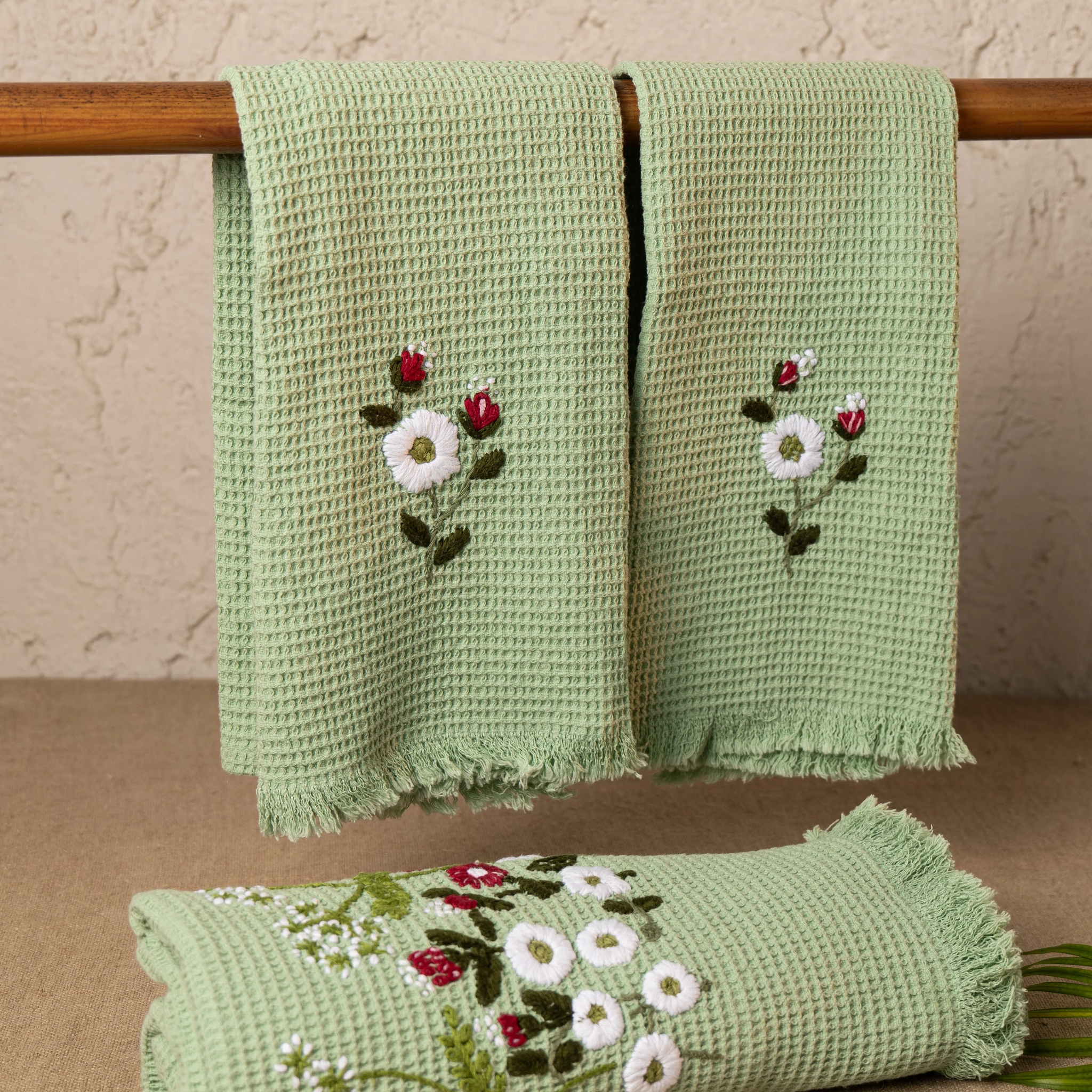 Spark & Smile Tulip Waffle Embroidered Towel Set Gift Set (Swamp Green) by Ammorada | Tooffi