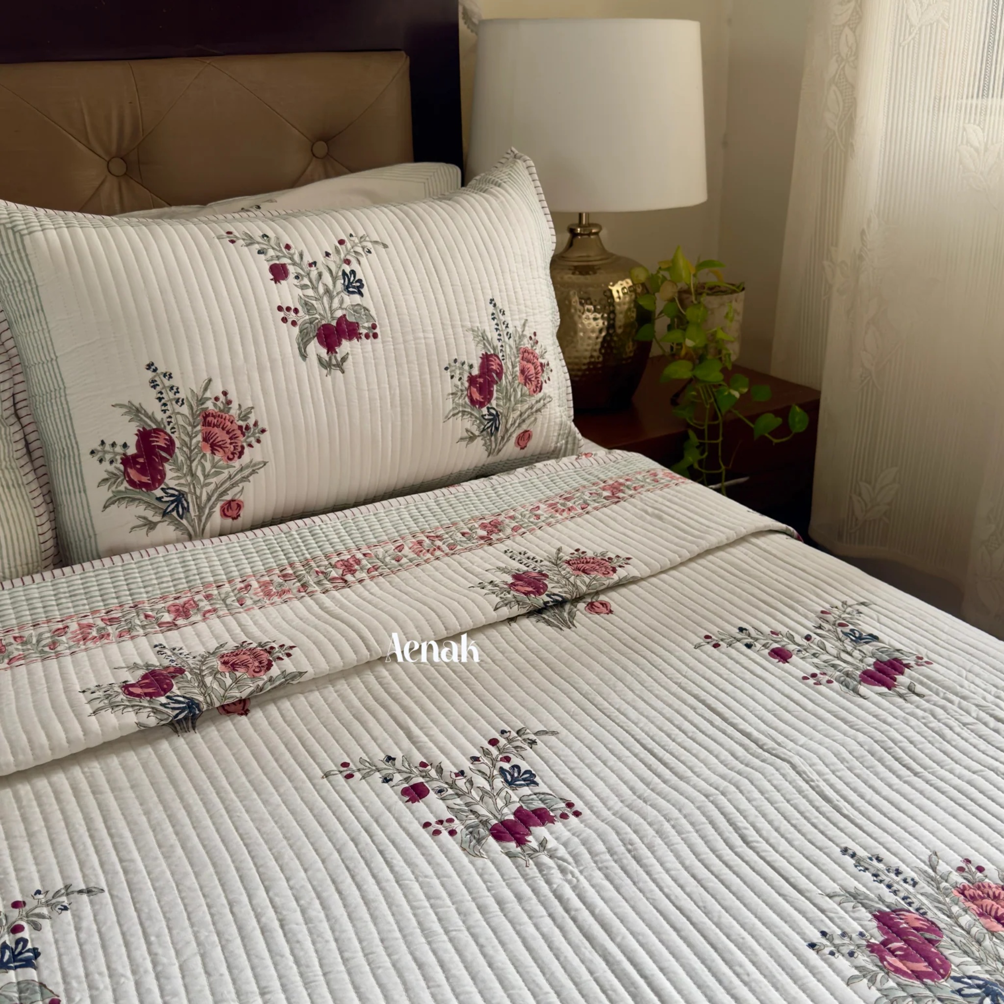 Burgundy Anaar Handblock Bedsheet + Straight Quilted Bedcover Combo Set by Aenak Studios | Tooffi