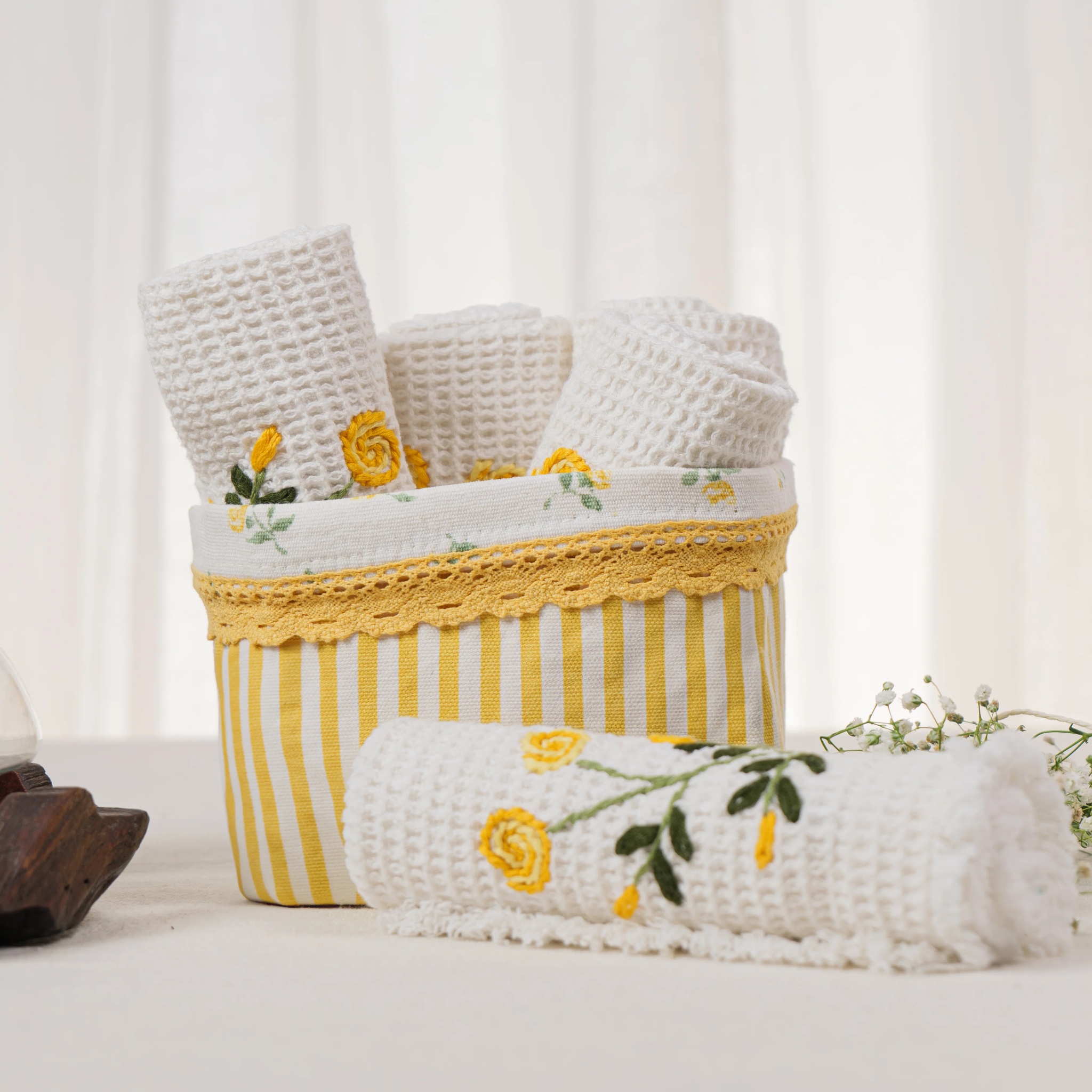 Sunshine Yellow Tiny Rose Embroidered Bun Basket by Ammorada | Tooffi