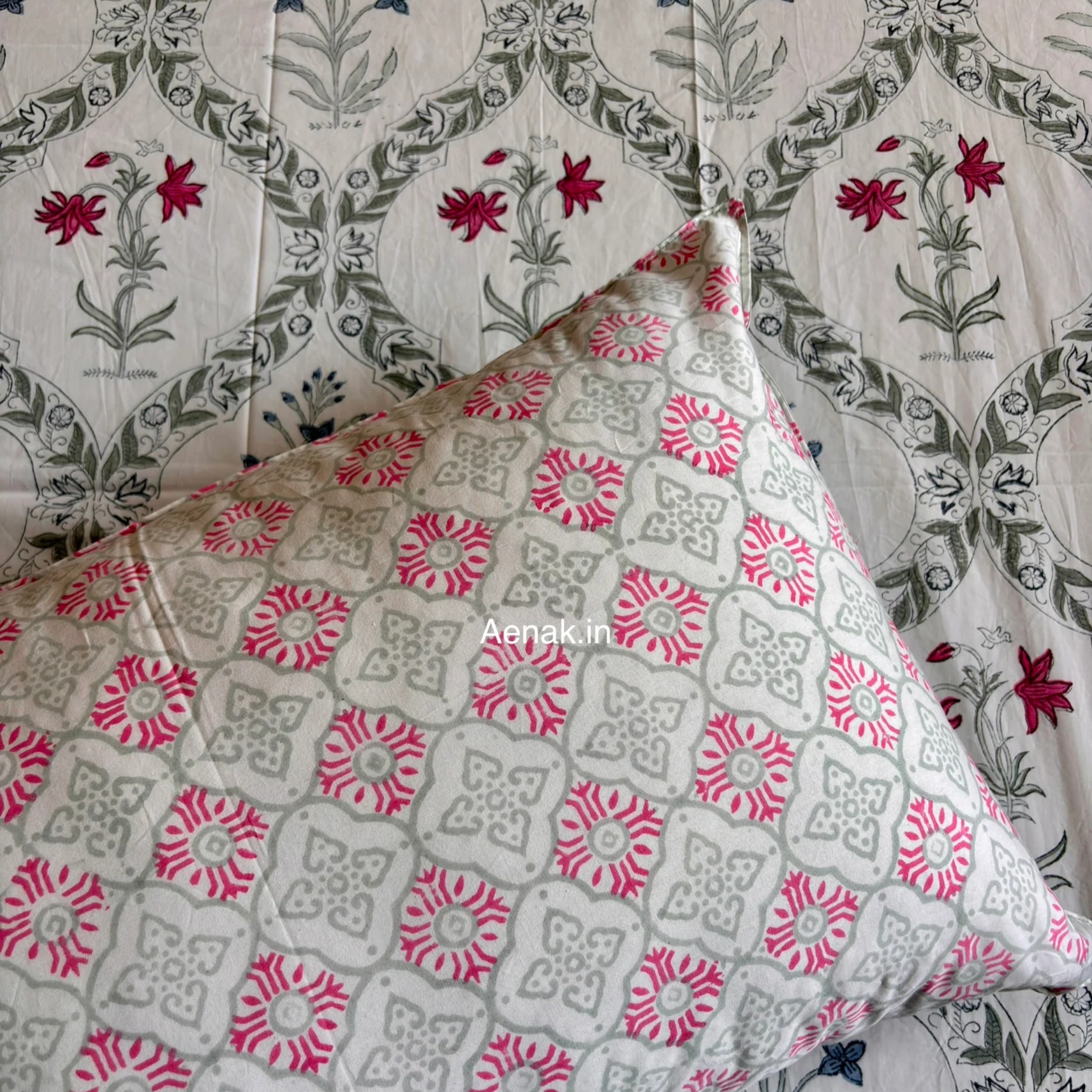 Pink Blue Floral Jaal Handblock Premium Cotton Bedsheet Set by Aenak Studios | Tooffi