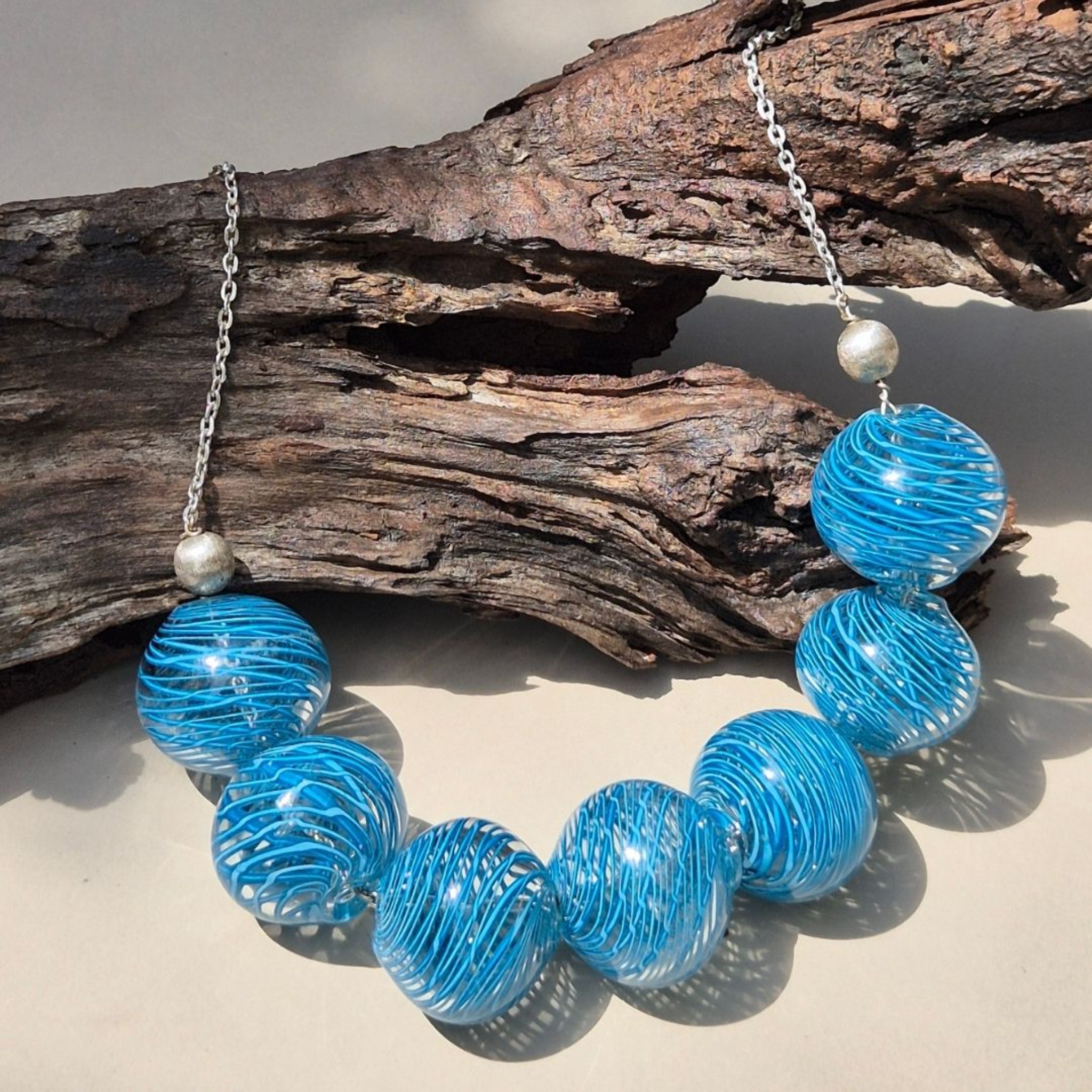 Handblown Blue Glass Bead Statement Necklace | Tidal Echo by RUSTIC HORSE GLASS STUDIO | Tooffi
