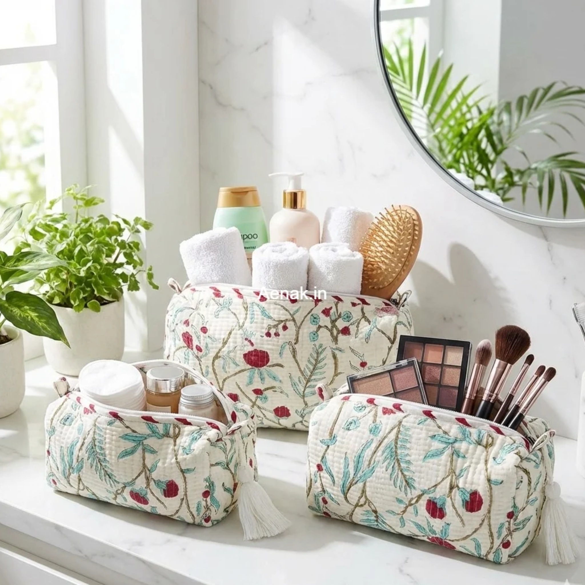 Teal Blue Jaal Quilted Vanity Pouches-Set of 3 by Aenak Studios | Tooffi
