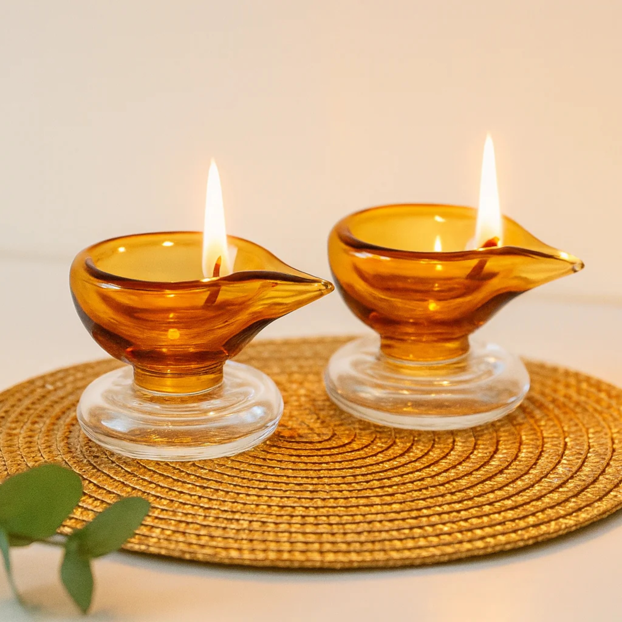 Art Glass Puja Diya- Ambar Jyot (Set of 2) by RUSTIC HORSE GLASS STUDIO | Tooffi