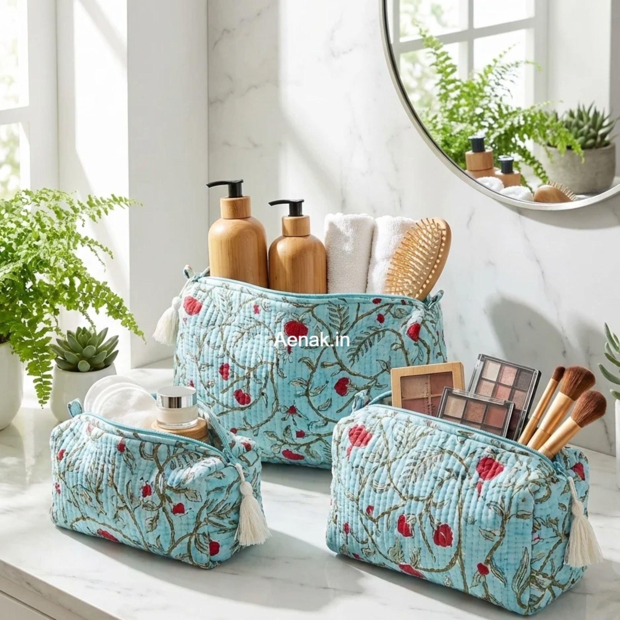Red Floral Jaal Quilted Vanity Pouches-Set of 3 by Aenak Studios | Tooffi