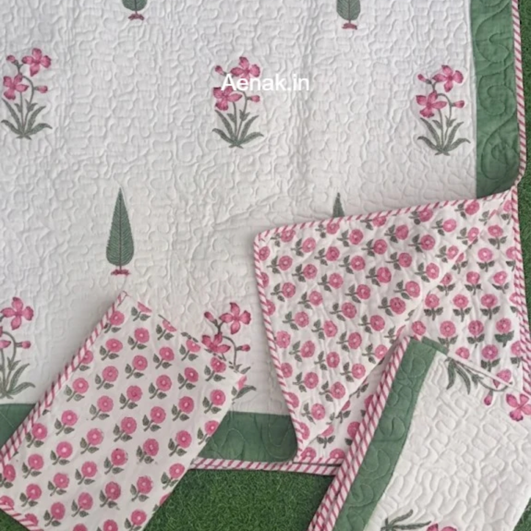 Pink Madhumati Handblock Bedsheet + Quilted Bedcover Combo Set by Aenak Studios | Tooffi