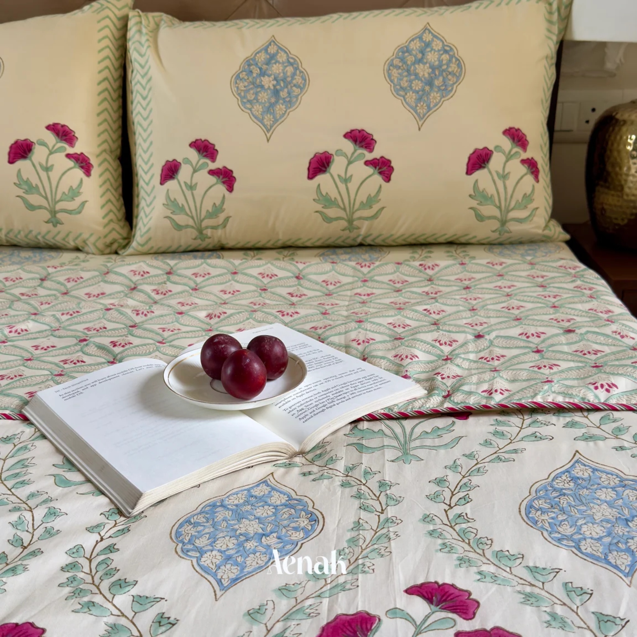 Pink Poppy Jaal Handblock Mulmul Cotton Reversible Dohar (Light Beige Base) by Aenak Studios | Tooffi