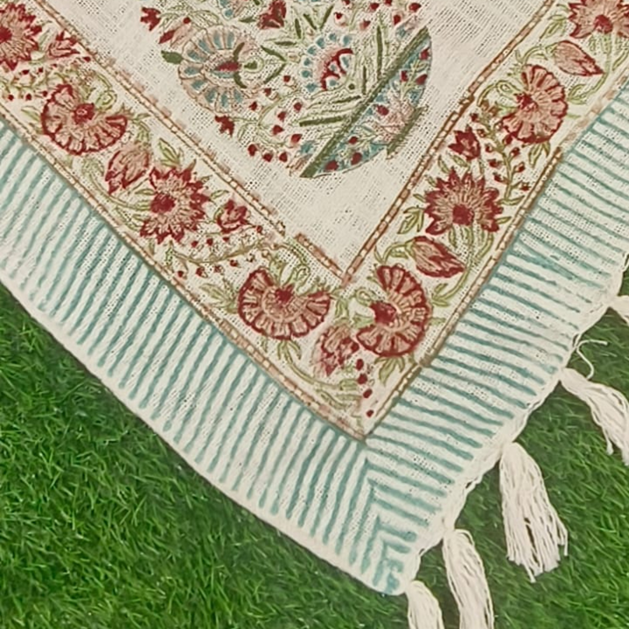 Handblock Jute Cotton Dhurries - sage green & pink by Aenak Studios | Tooffi