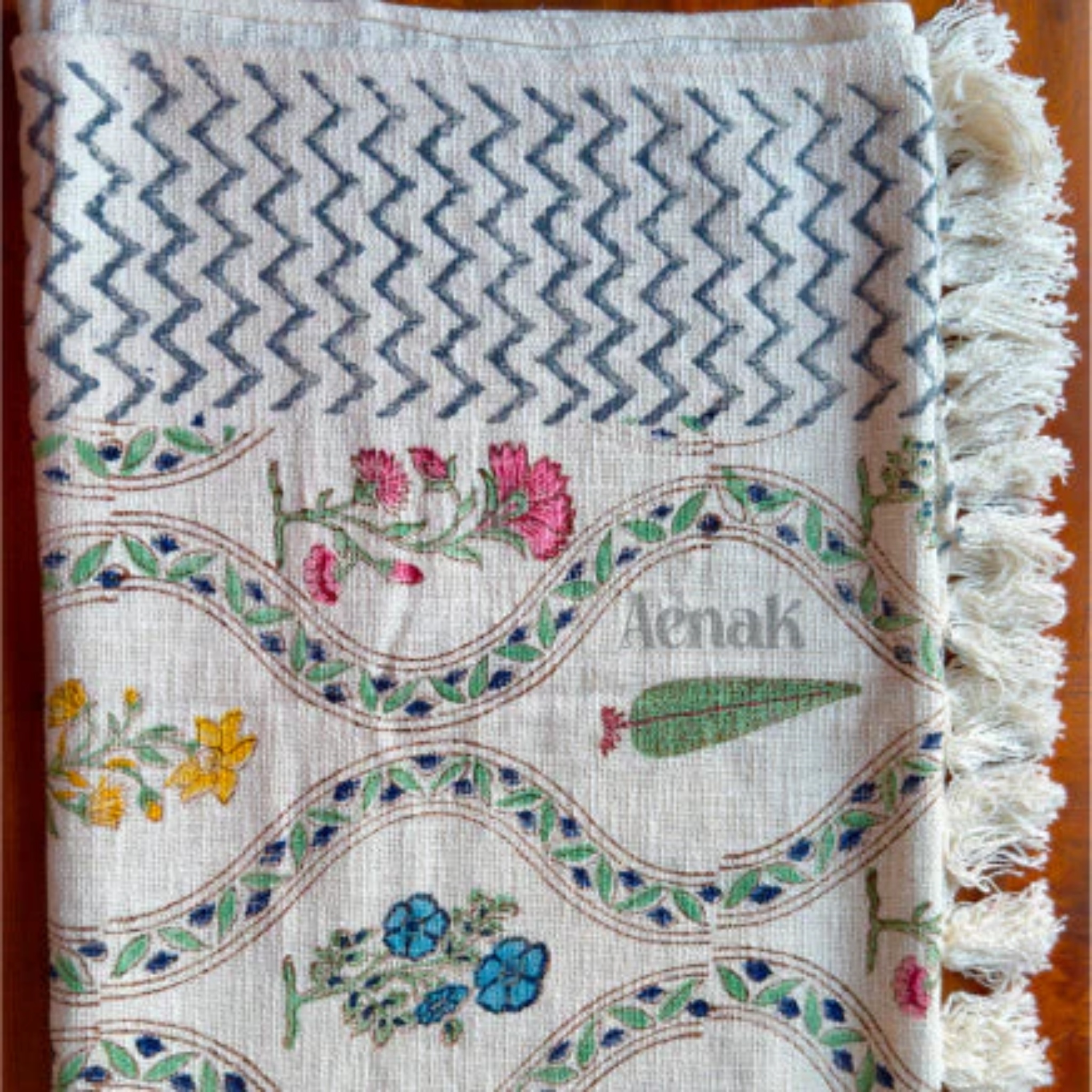 Handblock Jute Cotton Dhurrie — Blue, Pink and Yellow by Aenak Studios | Tooffi