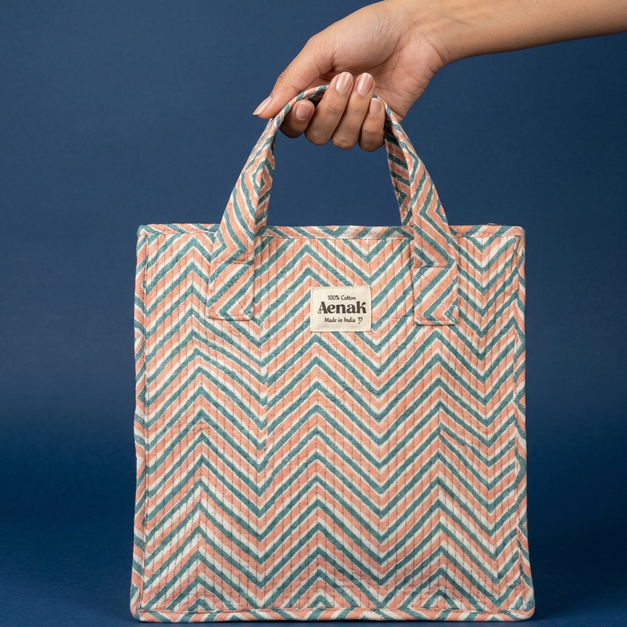 Pink & Blue Zigzag Handblock Lunch Bag by Aenak Studios | Tooffi