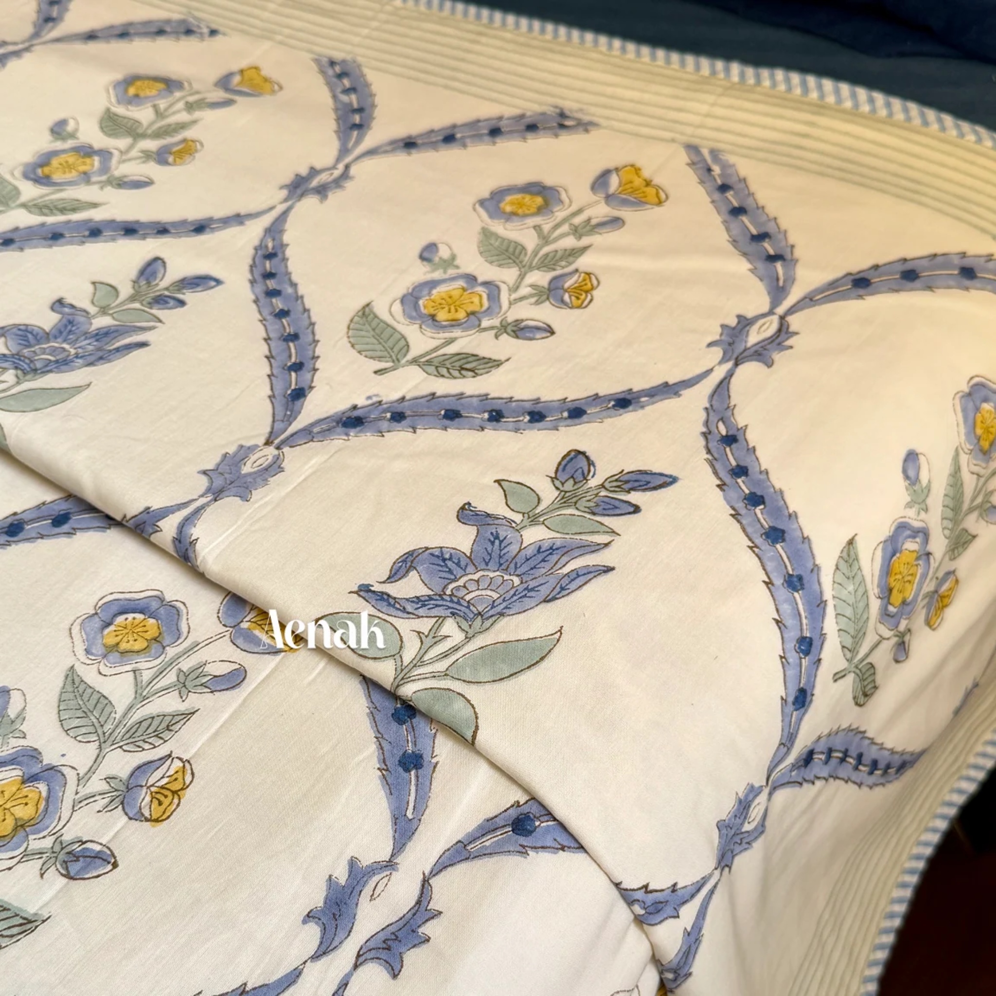Blue Periwinkle Handblock Bedsheet + Dohar Combo Set (Beige Base) by Aenak Studios | Tooffi