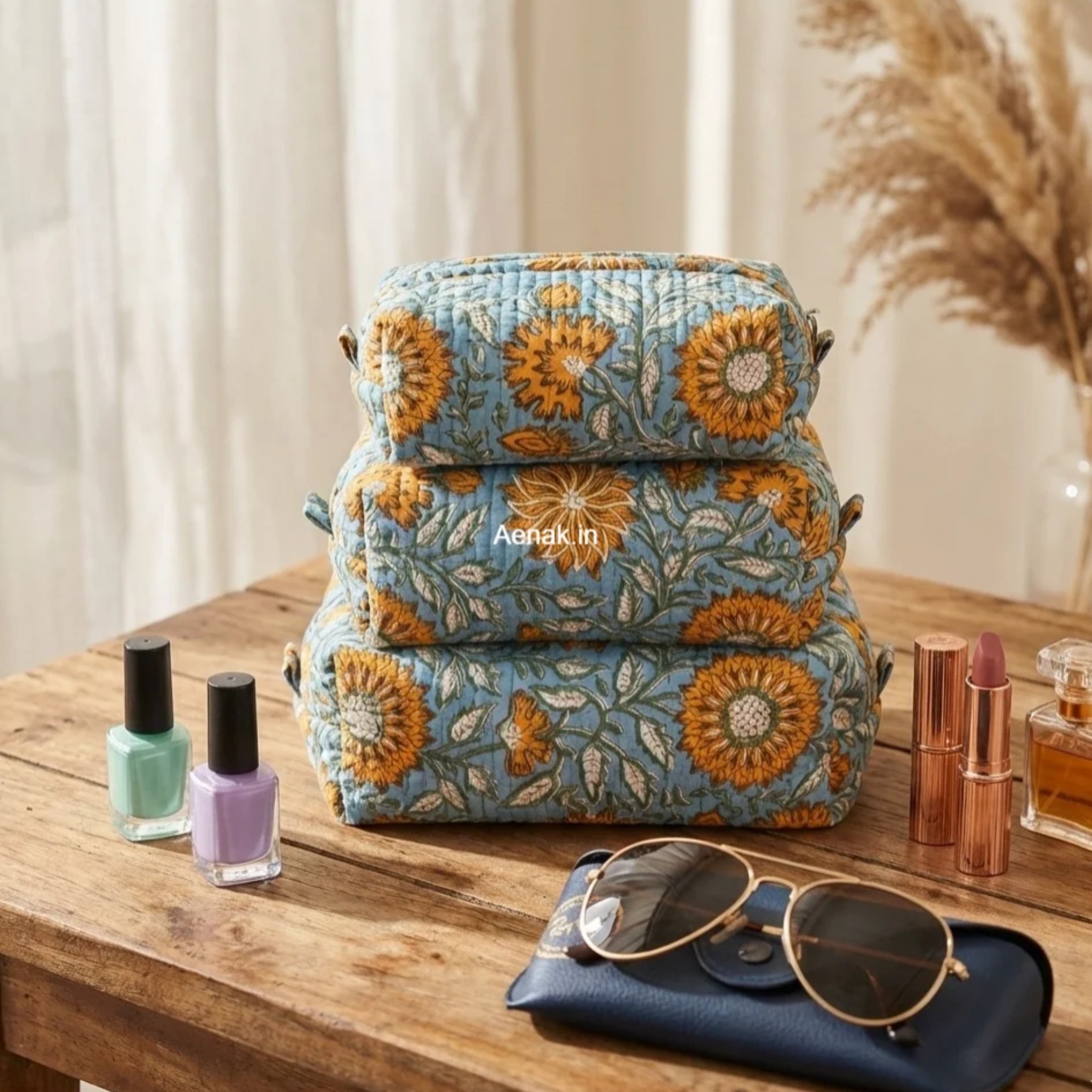 Orange Sunflower Quilted Vanity Pouches-Set of 3 by Aenak Studios | Tooffi
