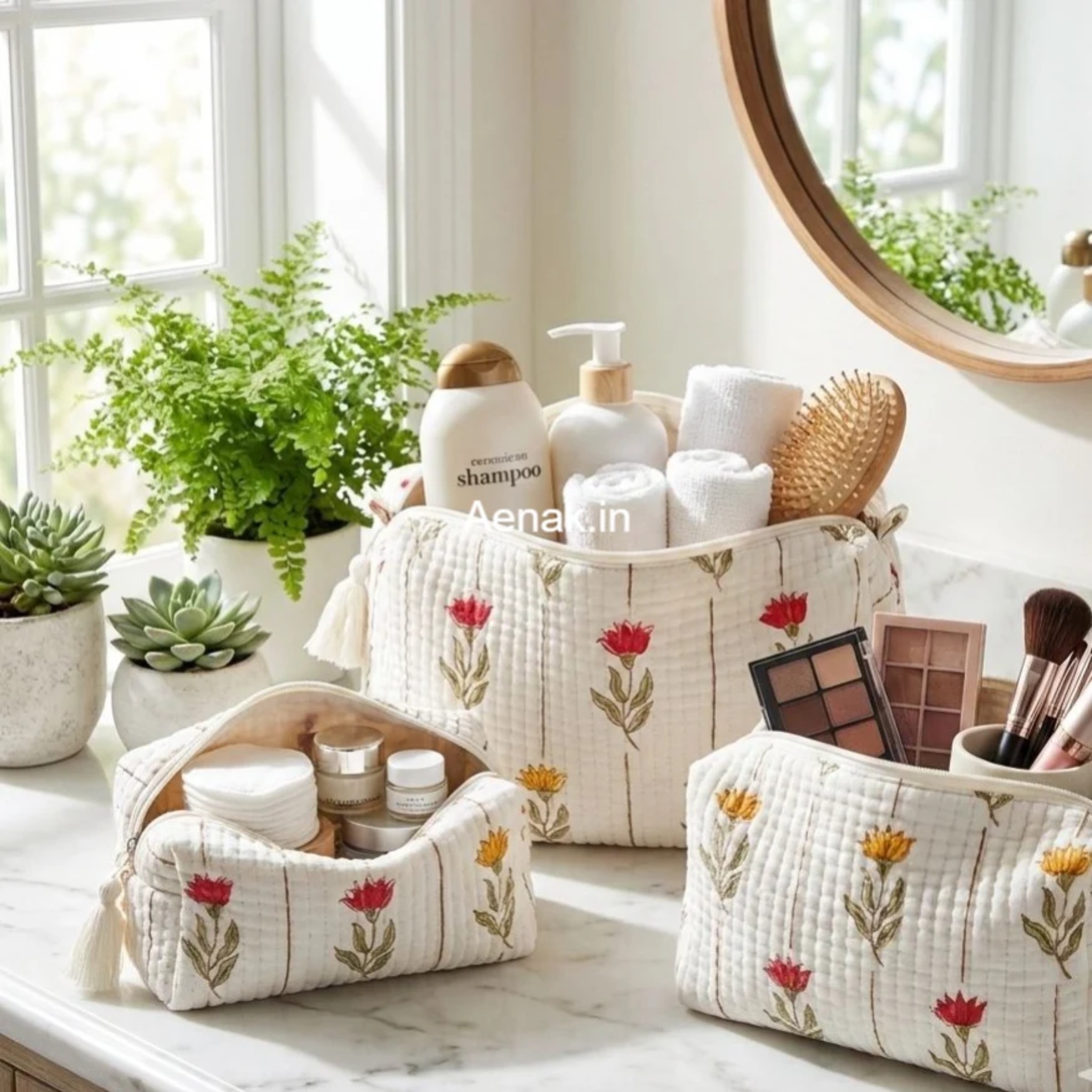 Red & Yellow Quilted Vanity Pouches-Set of 3 by Aenak Studios | Tooffi