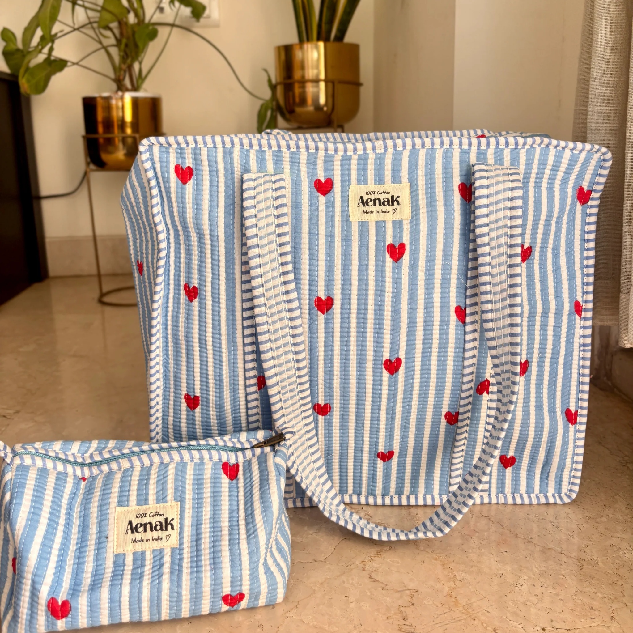 Blue Little Heart Quilted Cotton Travel Bag + Vanity Pouch by Aenak Studios | Tooffi