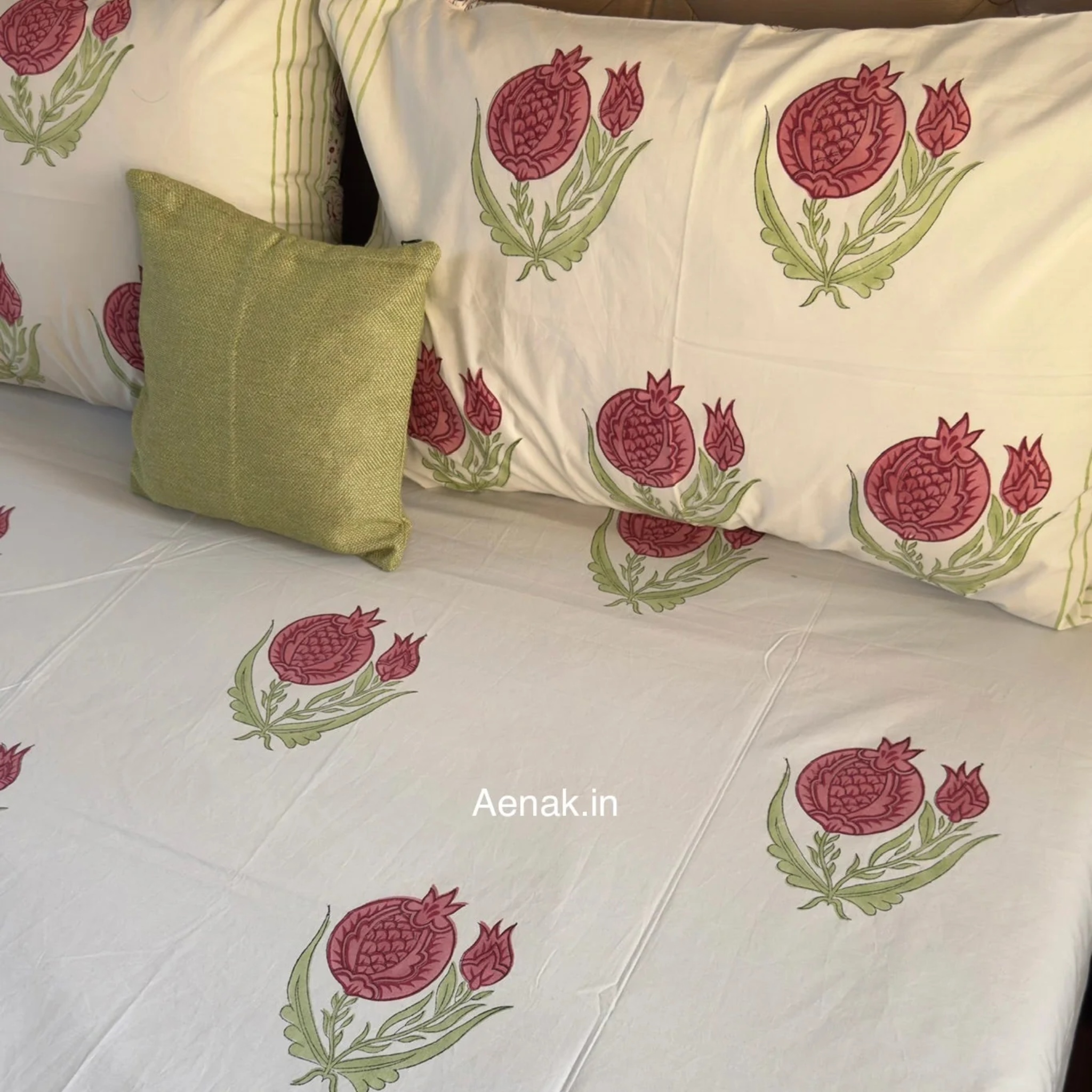 Red Anaar Baag Handblock Premium Cotton Bedsheet Set by Aenak Studios | Tooffi