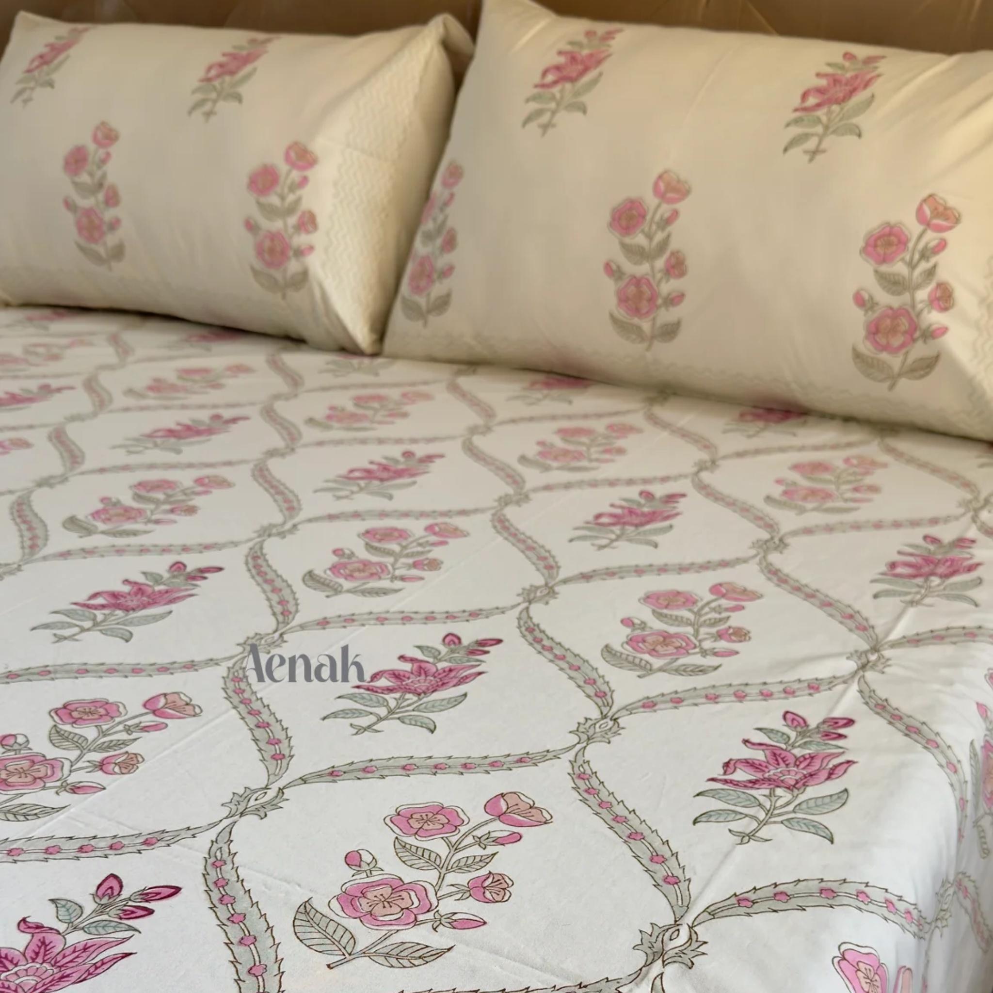 Pink Periwinkle Jaal Handblock Premium Cotton Bedsheet Set by Aenak Studios | Tooffi