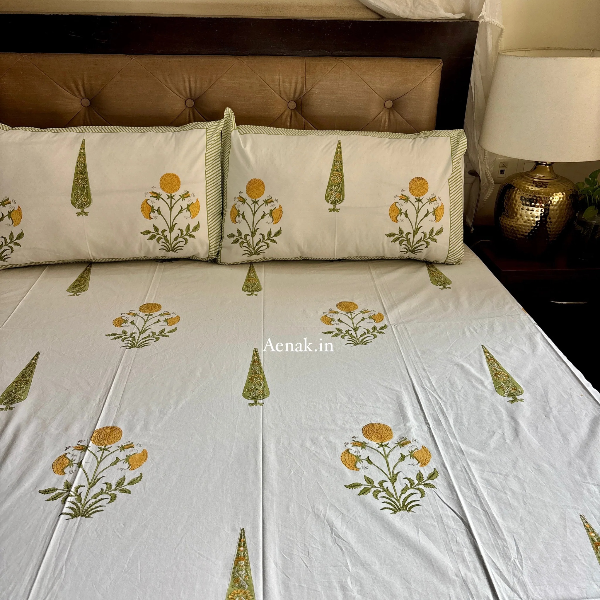 Yellow Dahlia Handblock Bedsheet + Dohar Combo Set by Aenak Studios | Tooffi