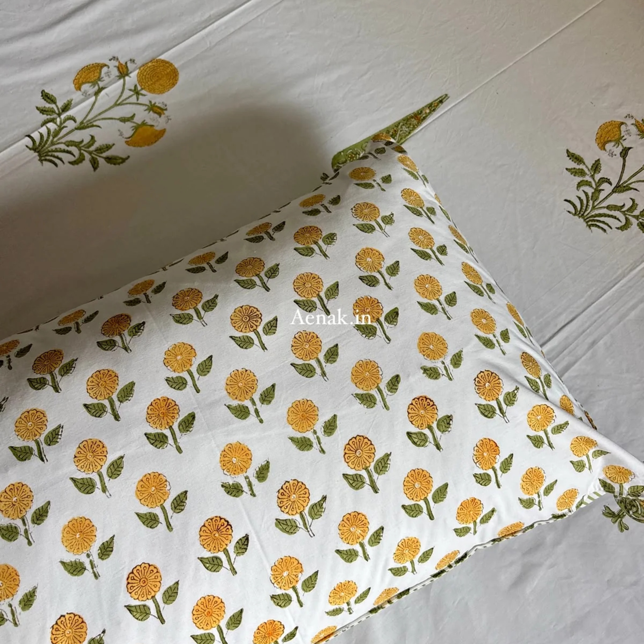 Yellow Dahlia Handblock Bedsheet + Dohar Combo Set by Aenak Studios | Tooffi