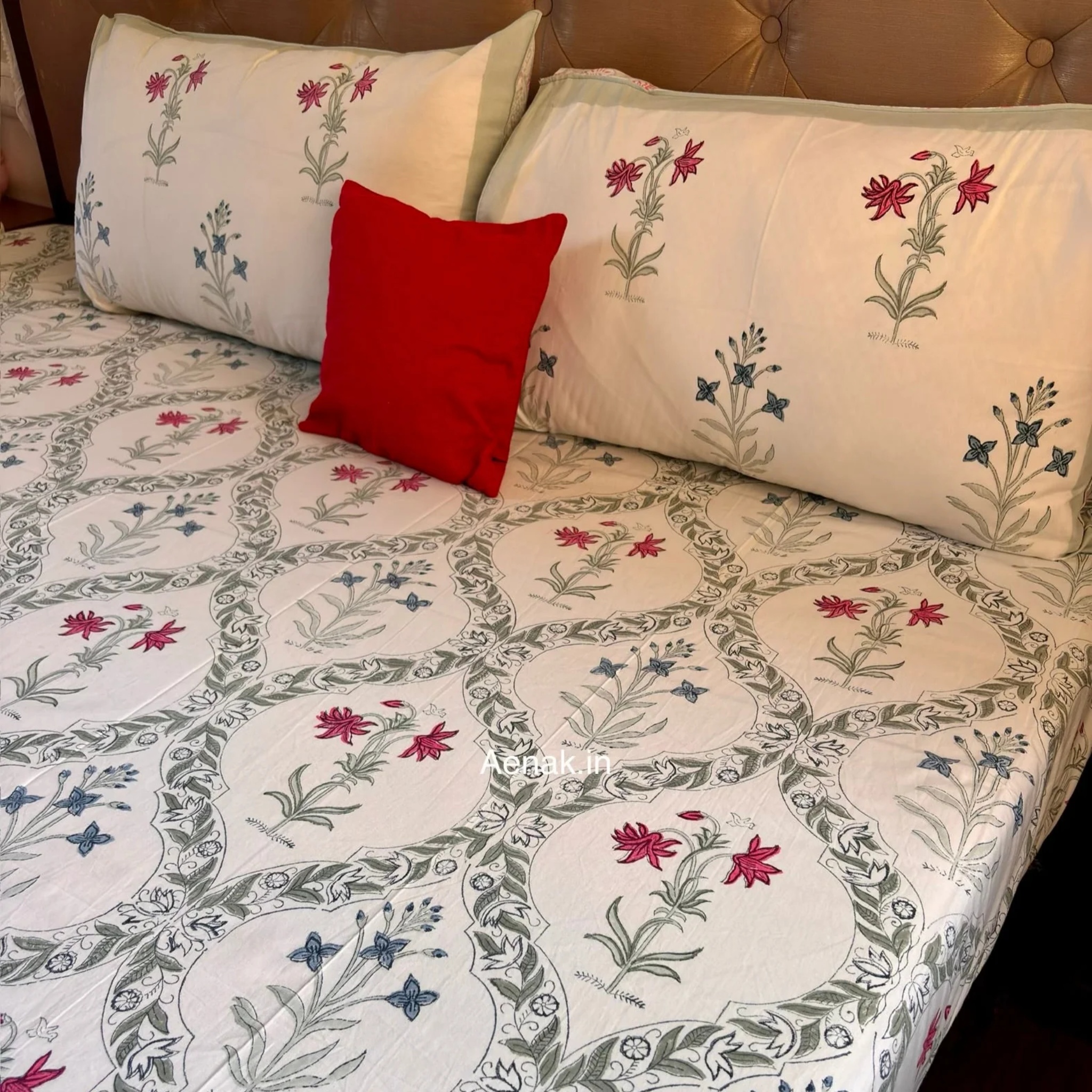 Pink Blue Floral Jaal Handblock Premium Cotton Bedsheet Set by Aenak Studios | Tooffi