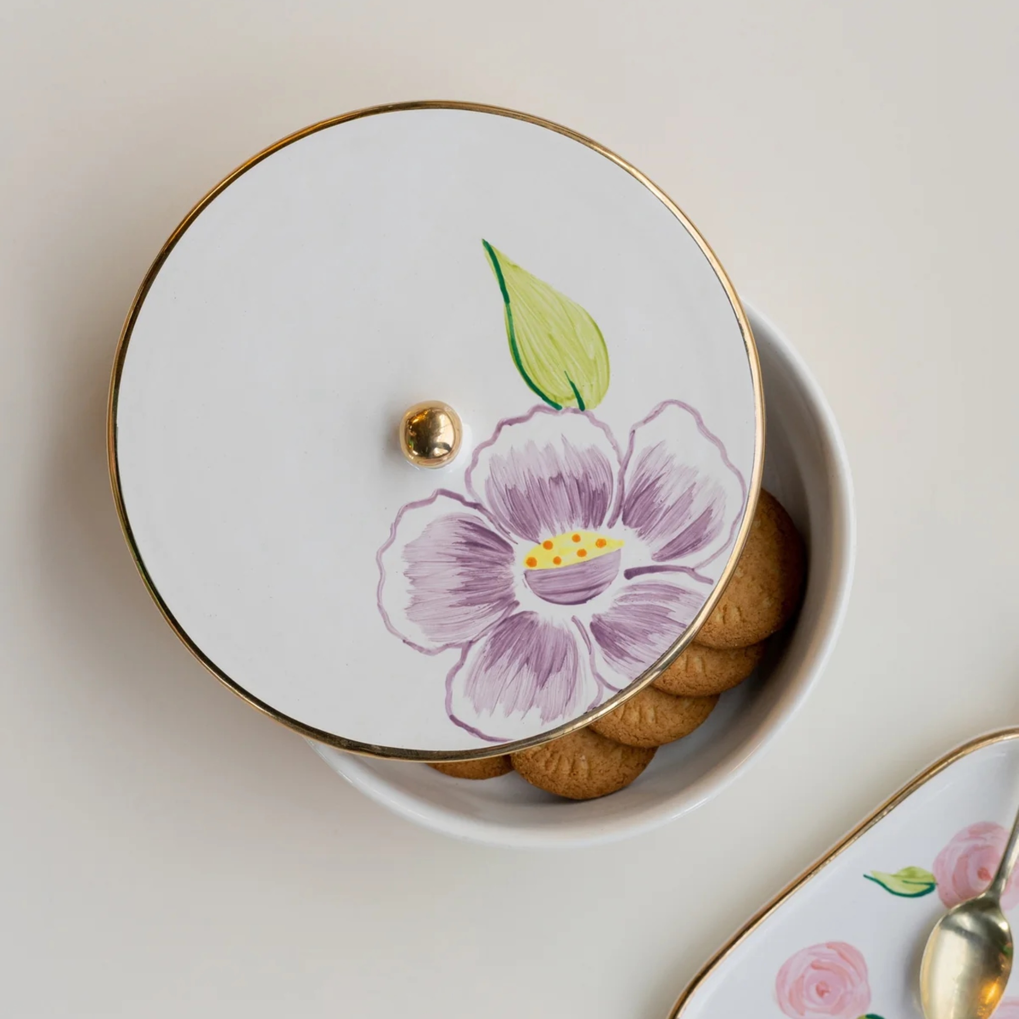 Handmade Pink Lilies Round Box by nira's ceramics | Tooffi