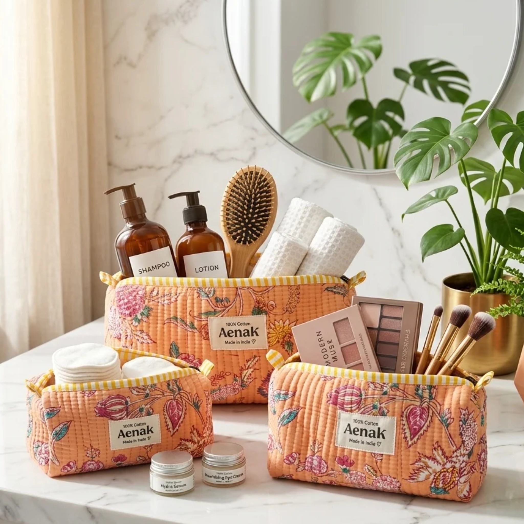 Orange Floral Garden Quilted Vanity Pouches-Set of 3 by Aenak Studios | Tooffi