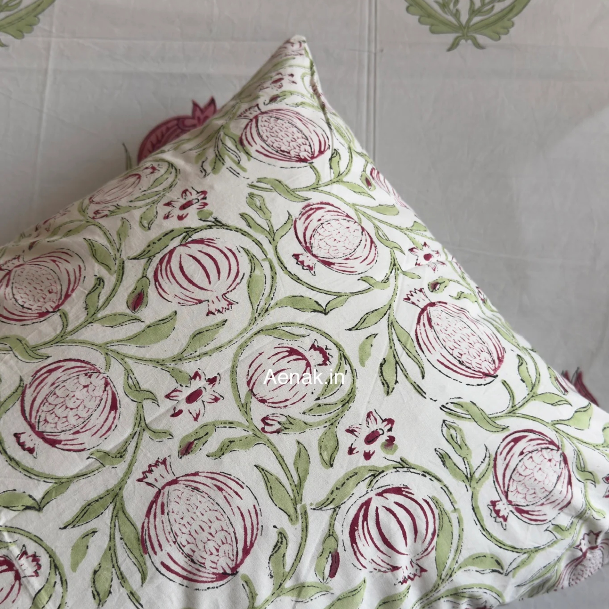 Red Anaar Baag Handblock Premium Cotton Bedsheet Set by Aenak Studios | Tooffi