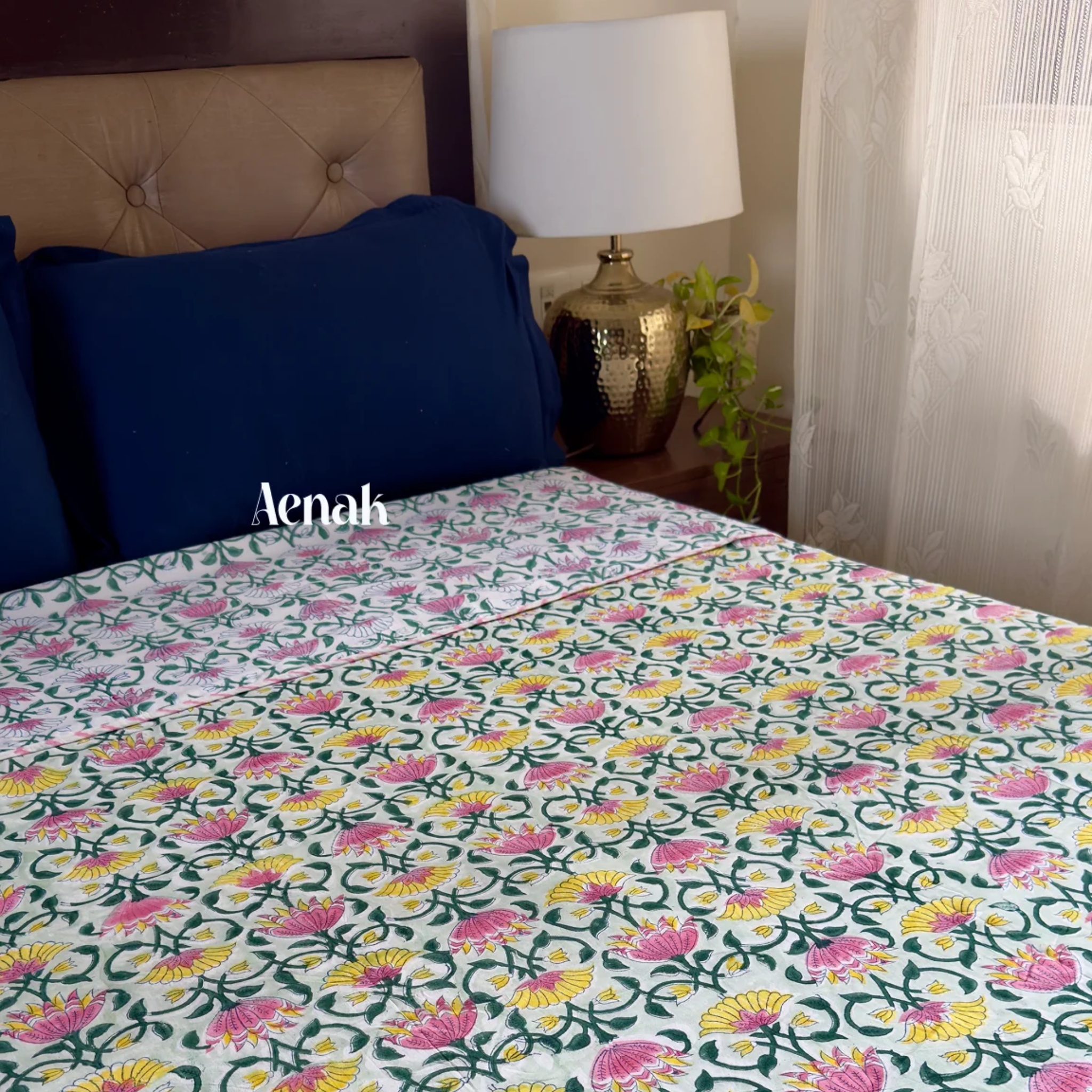 Pink & Yellow Lotus Handblock Mulmul Cotton Reversible Dohar by Aenak Studios | Tooffi