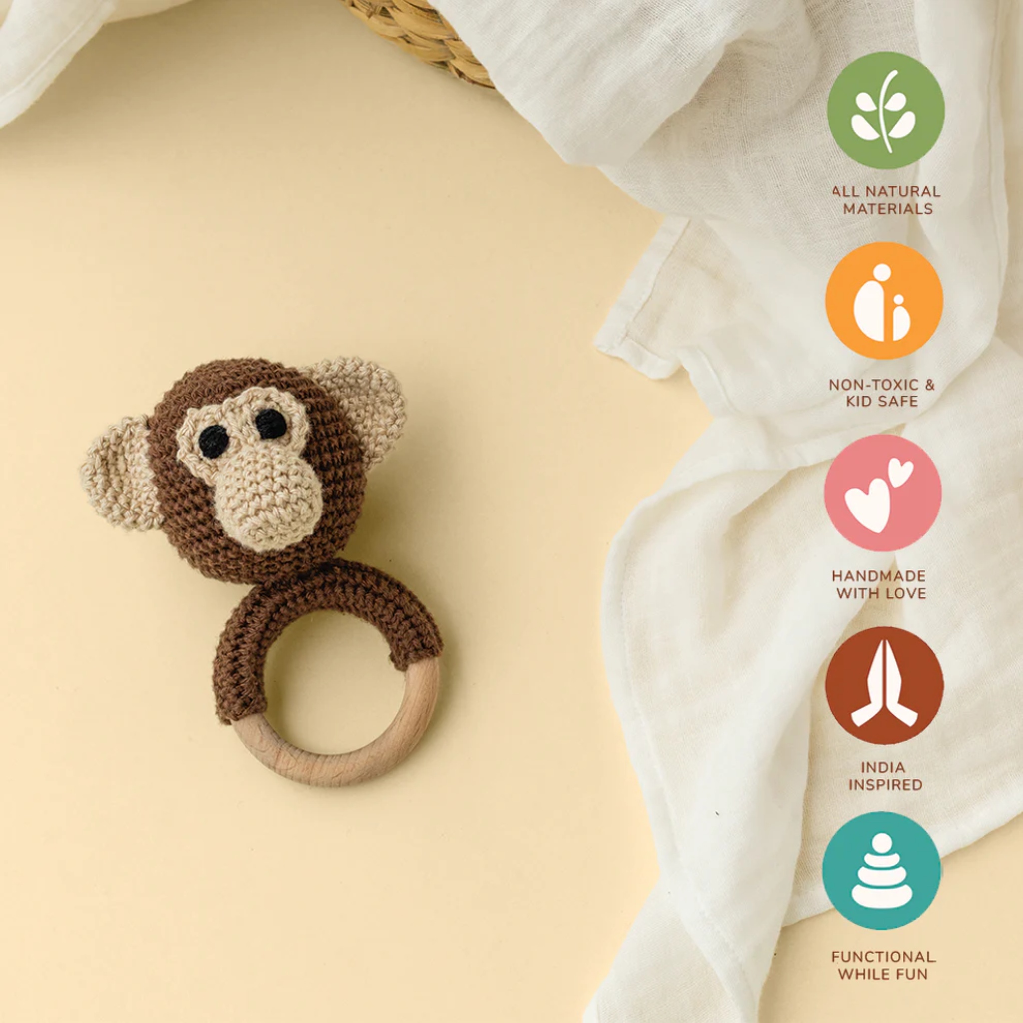 Maakad Rattle & Soft Toy With Cream Swaddle by Gubbachhi | Tooffi
