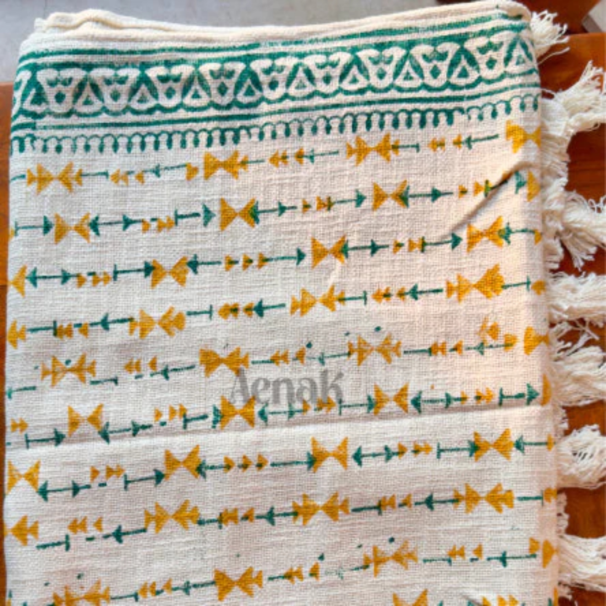 Handblock Jute Cotton Dhurrie — Yellow by Aenak Studios | Tooffi