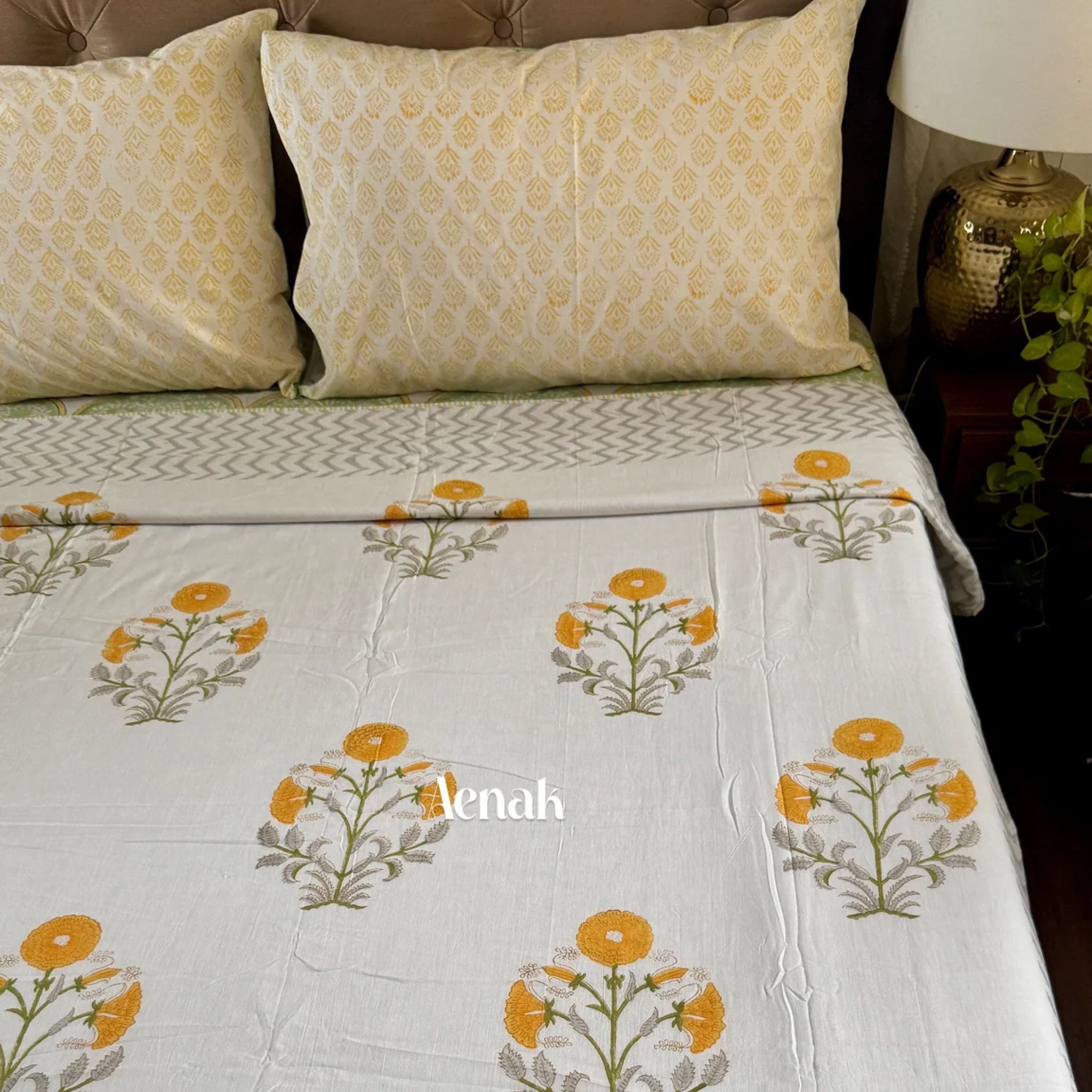 Yellow Dahlia Garden Handblock Mulmul Cotton Reversible Dohar by Aenak Studios | Tooffi