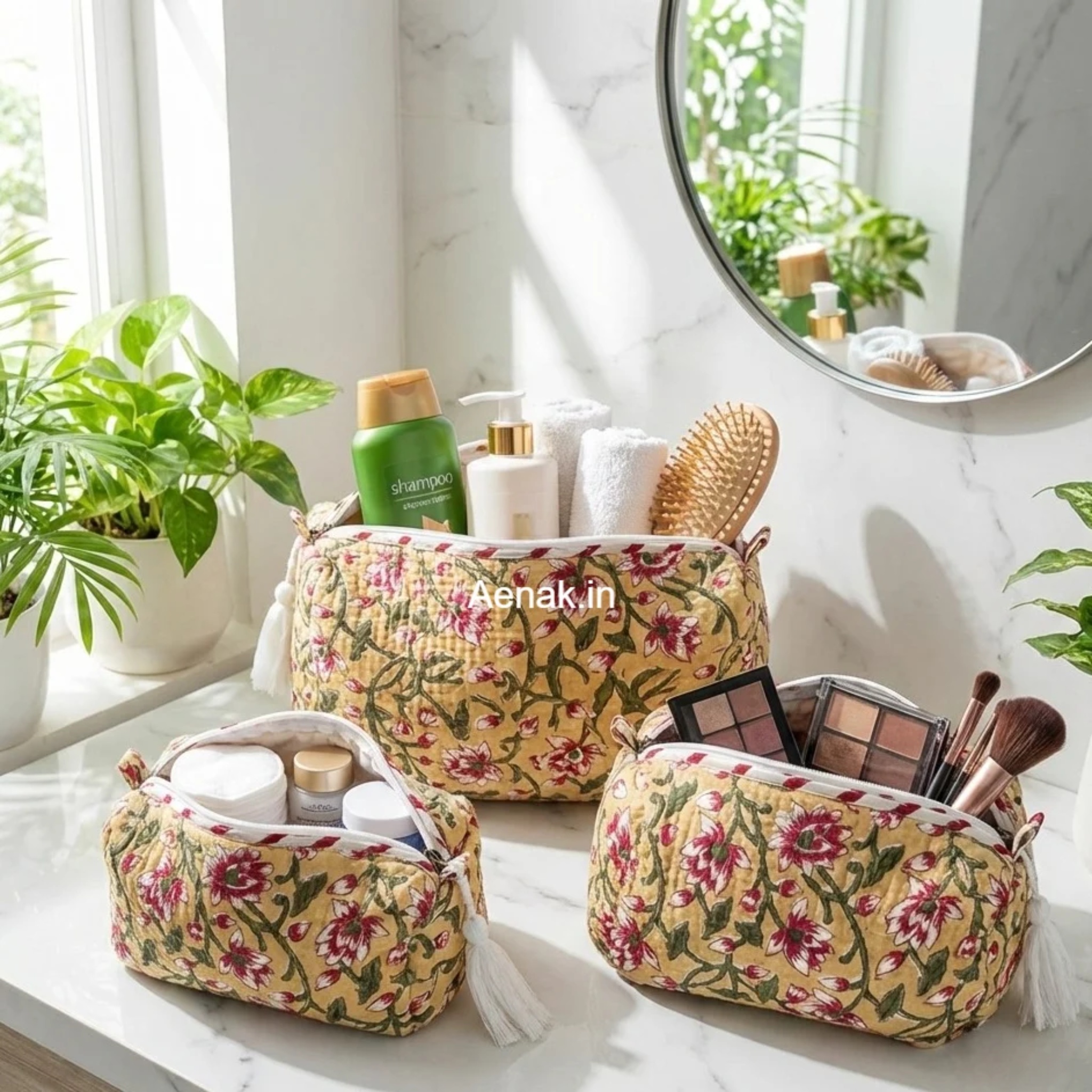 Beige Floral Jaal Quilted Vanity Pouches-Set of 3 by Aenak Studios | Tooffi