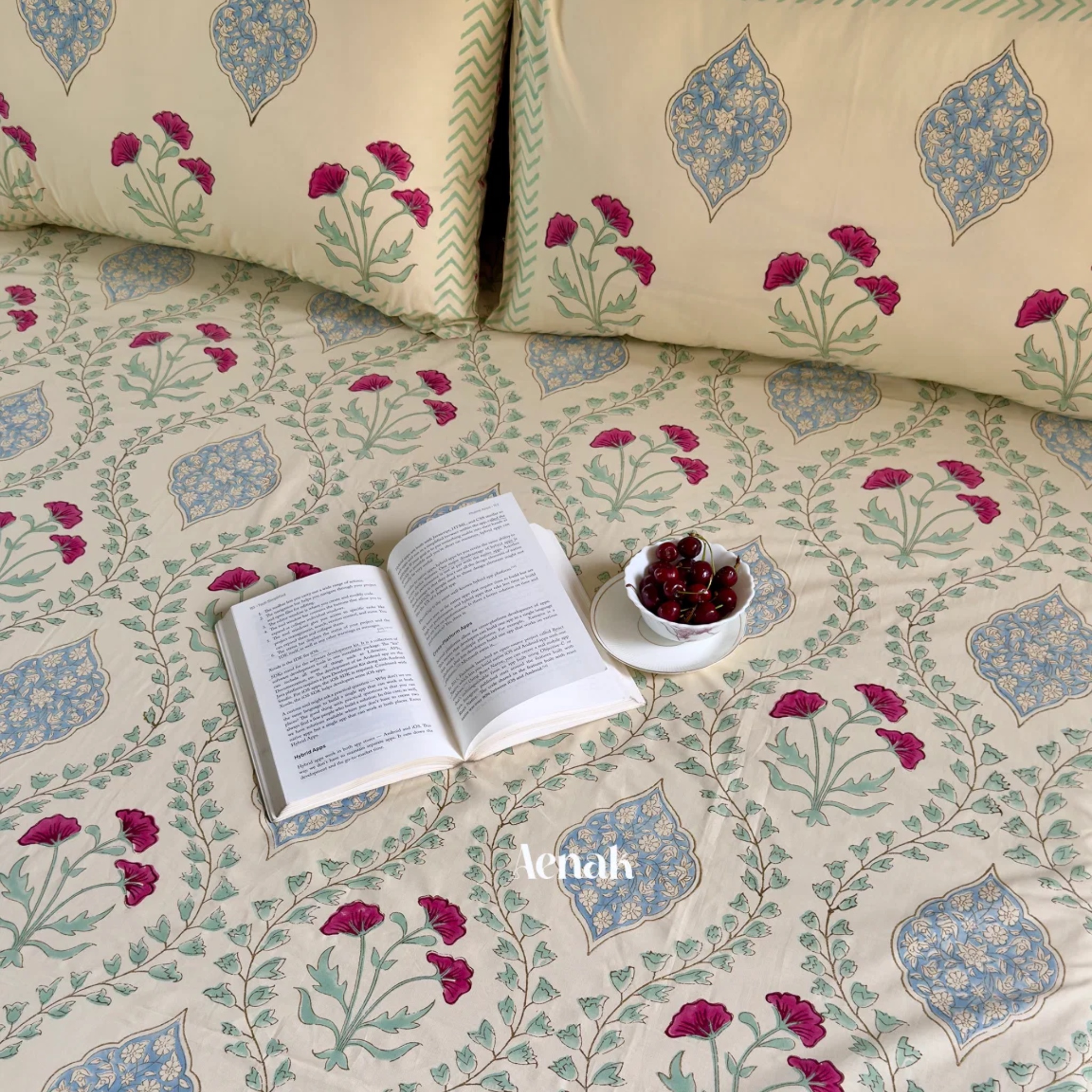 Pink Poppy Jaal Handblock Premium Cotton Bedsheet Set (Light Beige Base) by Aenak Studios | Tooffi