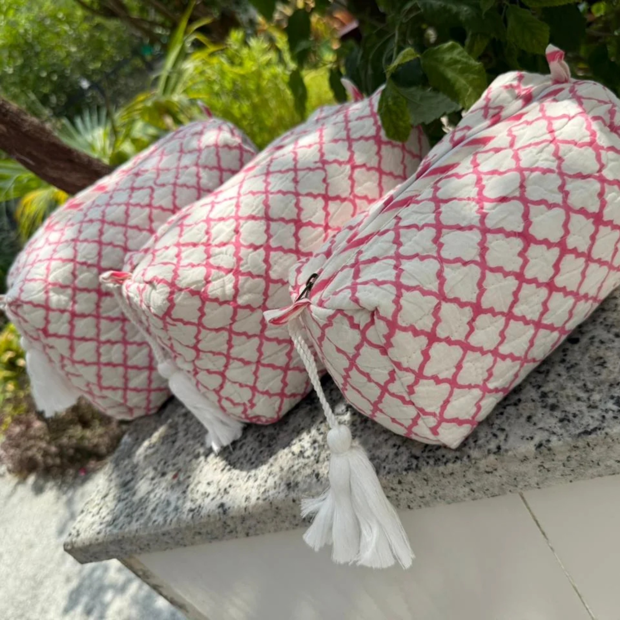 Pink Jaal Quilted Vanity Pouches-Set of 3 by Aenak Studios | Tooffi