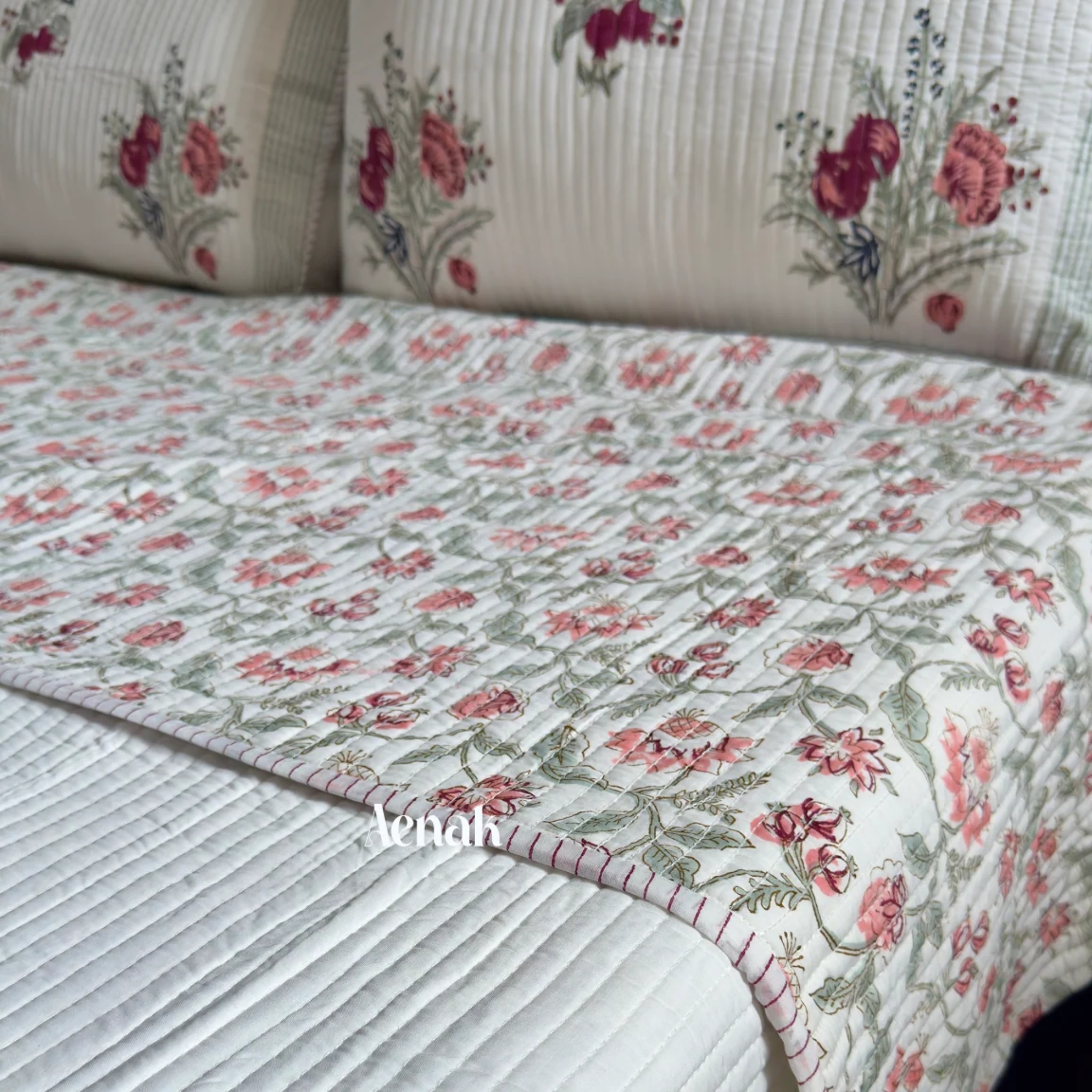 Burgundy Anaar Handblock Bedsheet + Straight Quilted Bedcover Combo Set by Aenak Studios | Tooffi