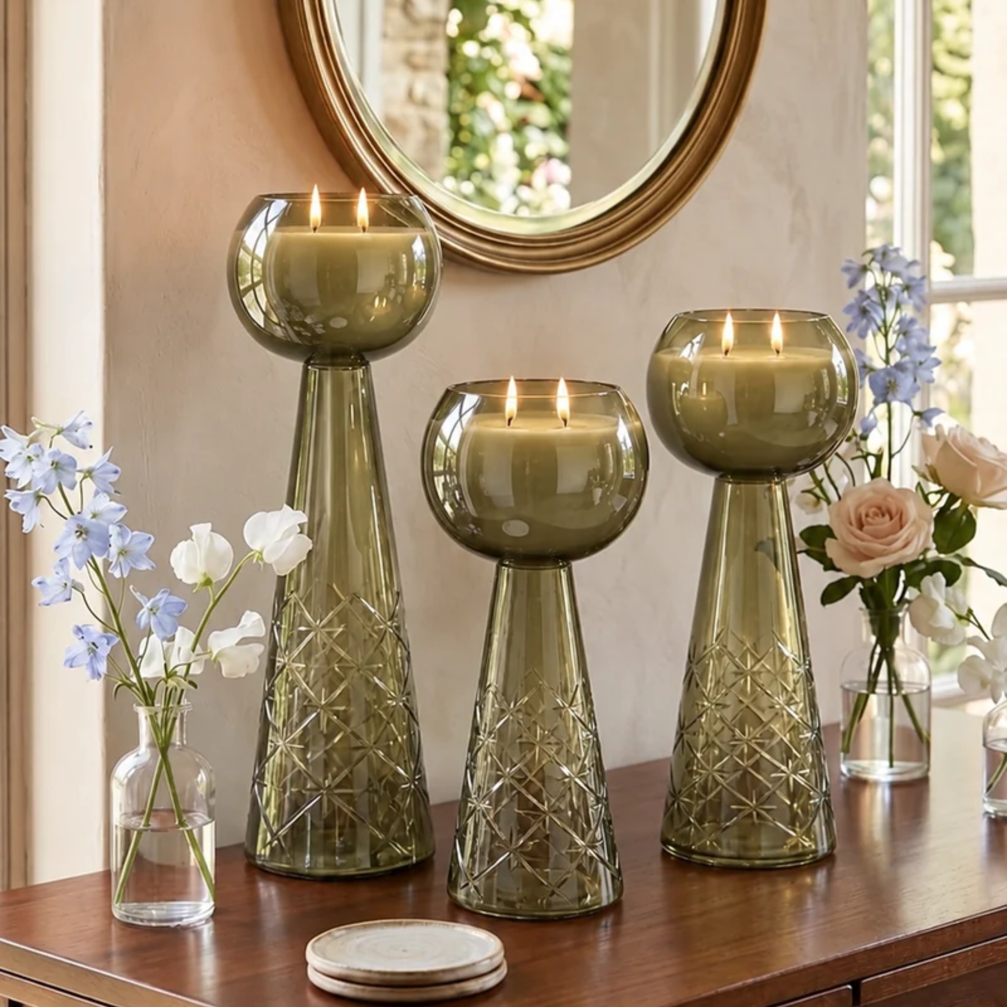 Luxe Luminance Pedestal Candles | Crystal Olive Green Glass by Endora Scented Candles | Tooffi
