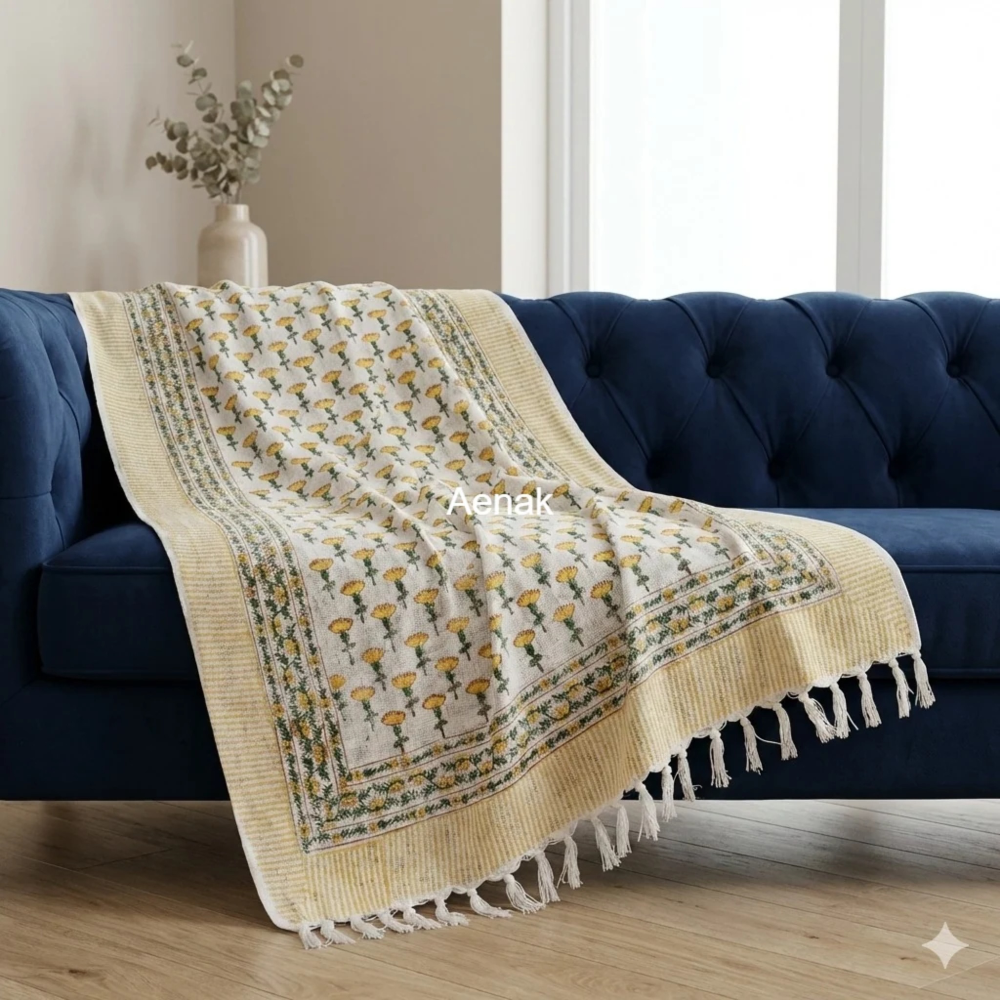 Handblock Jute Cotton Dhurrie — Yellow and Blue by Aenak Studios | Tooffi