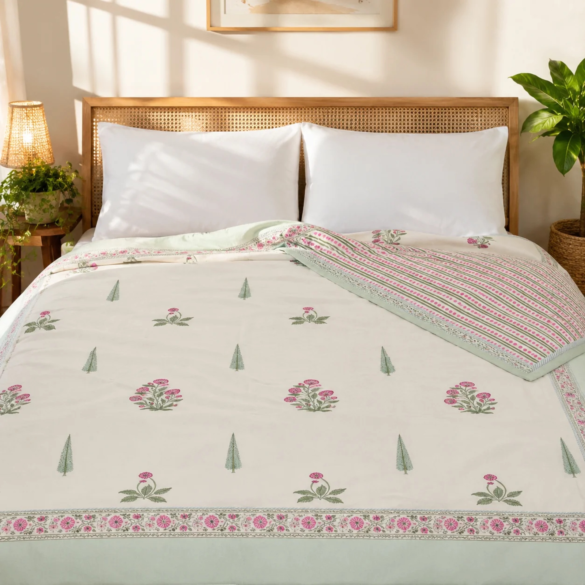 Light Magenta Floral Handblock Bedsheet + Dohar Combo Set by Aenak Studios | Tooffi
