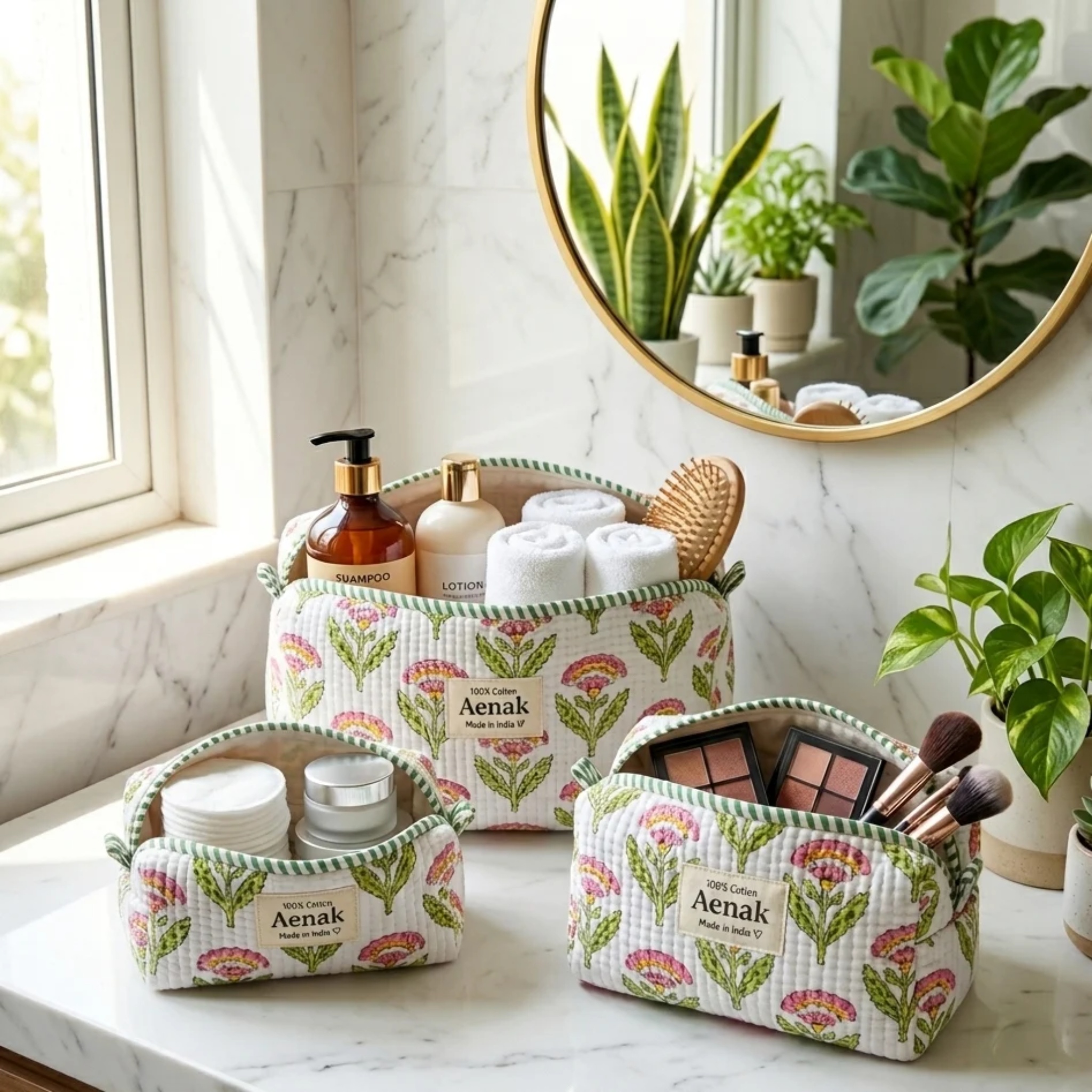 White Floral Garden Quilted Vanity Pouches-Set of 3 by Aenak Studios | Tooffi