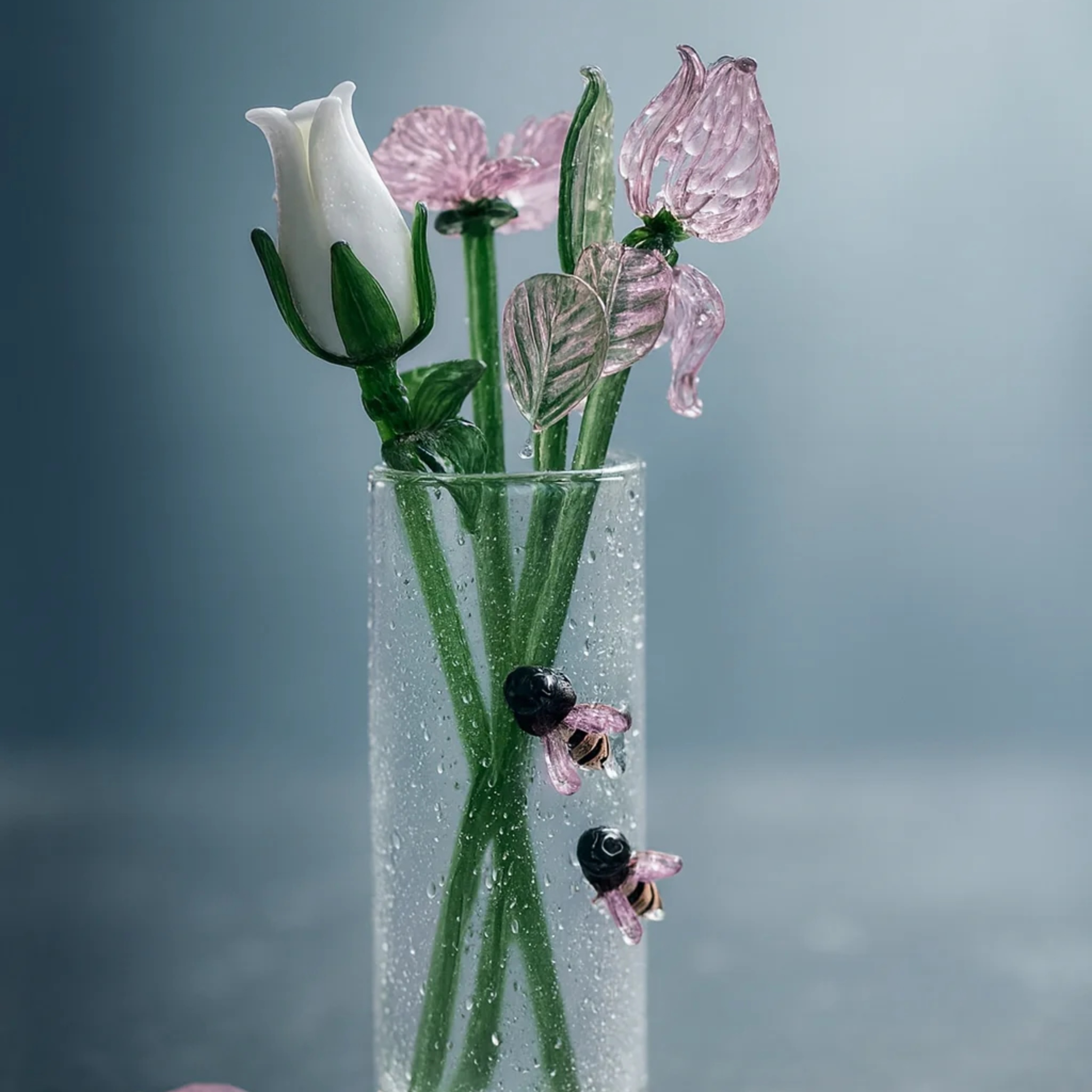 Handblown Glass Art Floral Bouquet with 3 flowers & Vase by RUSTIC HORSE GLASS STUDIO | Tooffi
