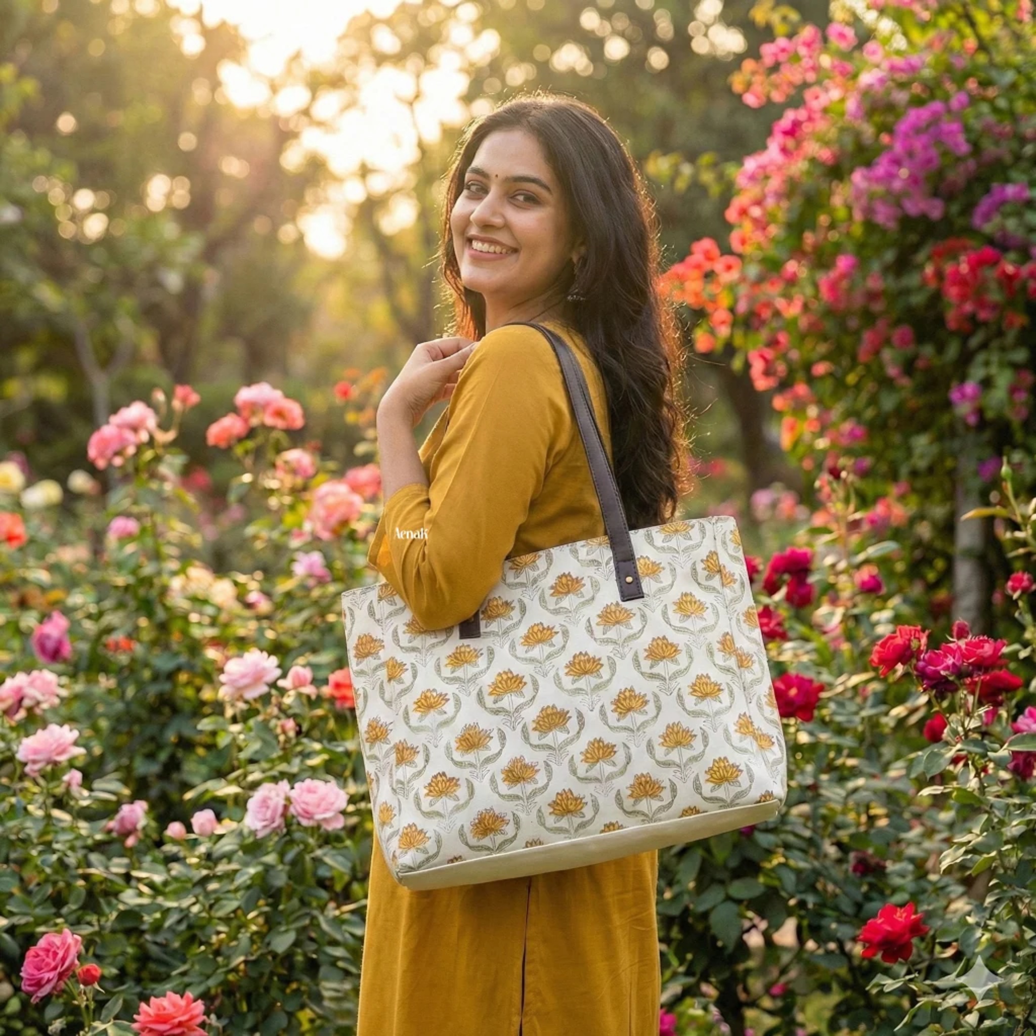 Yellow Lotus Jaal Handblock Artisanal Handbag by Aenak Studios | Tooffi