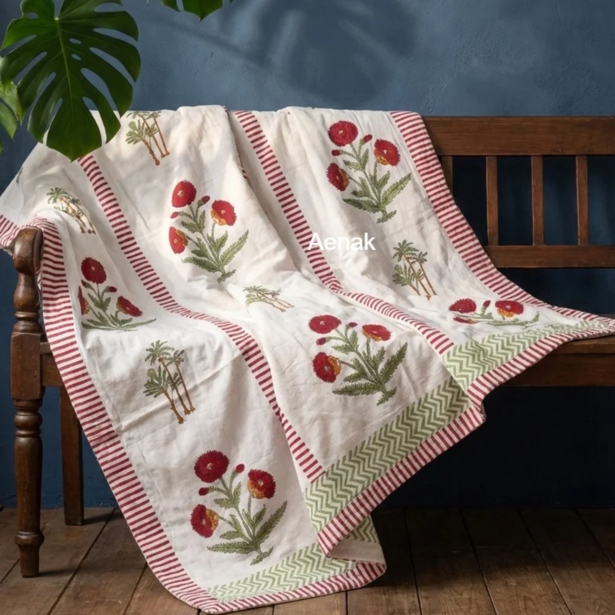 Red Dahlia Handblock Mulmul Cotton Reversible Dohar by Aenak Studios | Tooffi